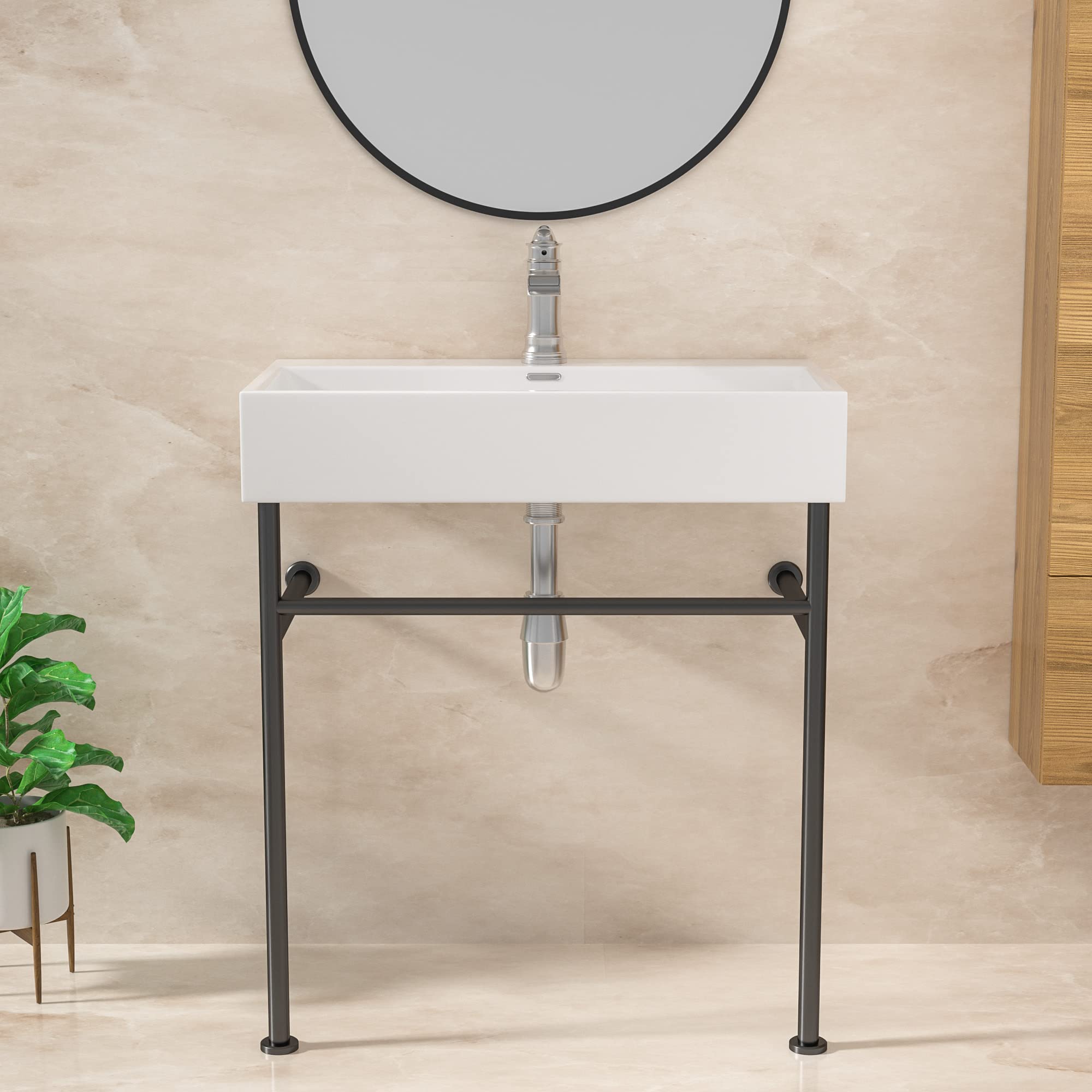 Lordear 30 Inch White Ceramic Freestanding Console Sink with Legs - Pedestal Bathroom Vanity Sink with Tower Bar Overflow for Modern & Farmhouse Bathrooms