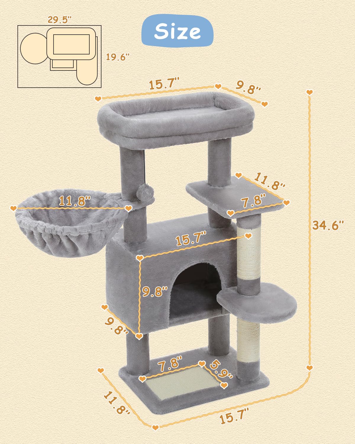 PEQULTI 34.6 Inch Cat Tree for Indoor Cats - Multi-Level Cat Tower with Large Hammock, Cozy Condo House & Scratching Post - Durable Cat Activity Tree with Removable Top Bed (Grey) - Perfect for Small Spaces & Playful Kittens