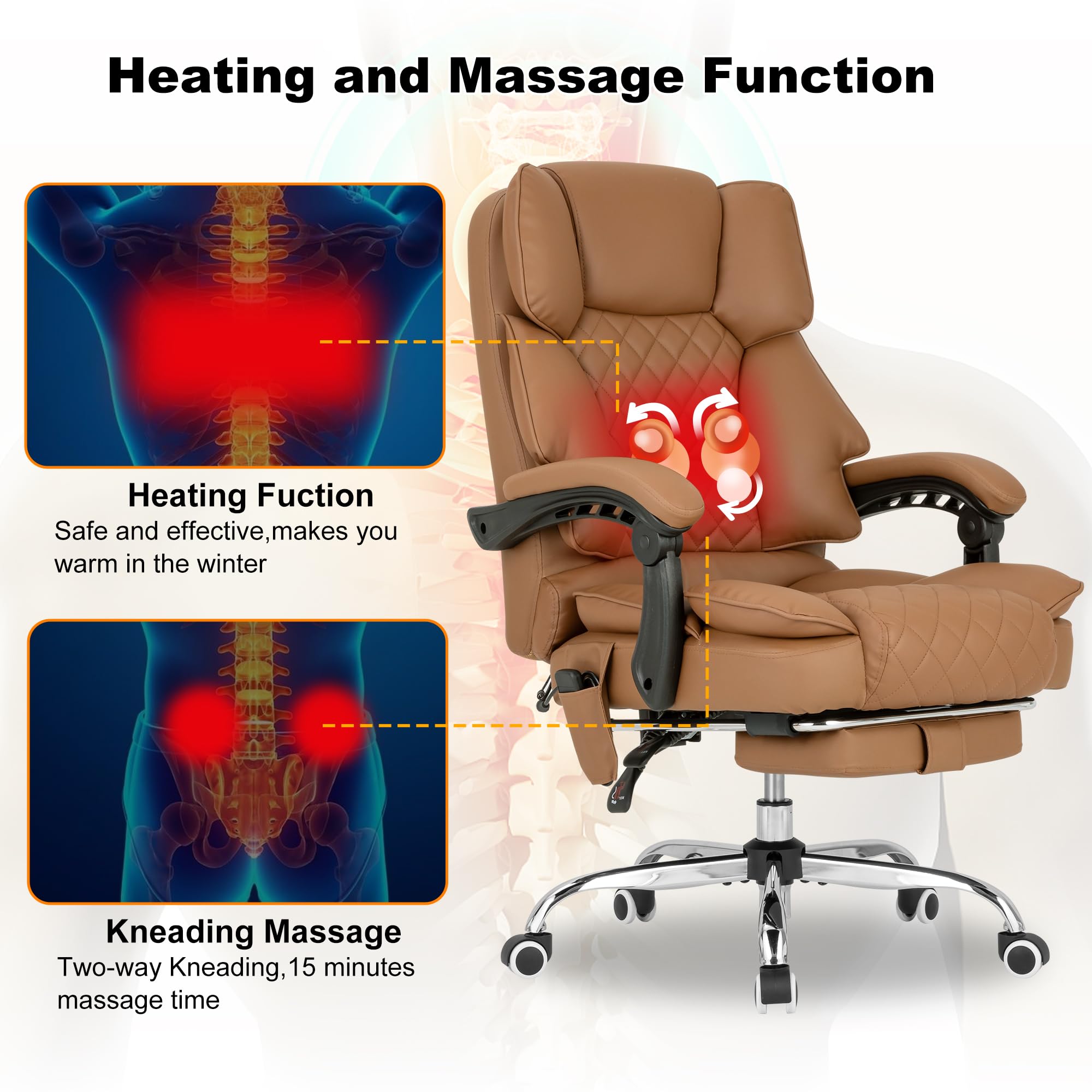Premium Heated Kneading Massage Executive Office Chair - 90-135° Reclining with Footrest - Ergonomic Computer Desk Chair with Lumbar Support - Diamond-Stitched Leather Office Chair (Brown) - Perfect for Home Office, Gaming & Relaxation