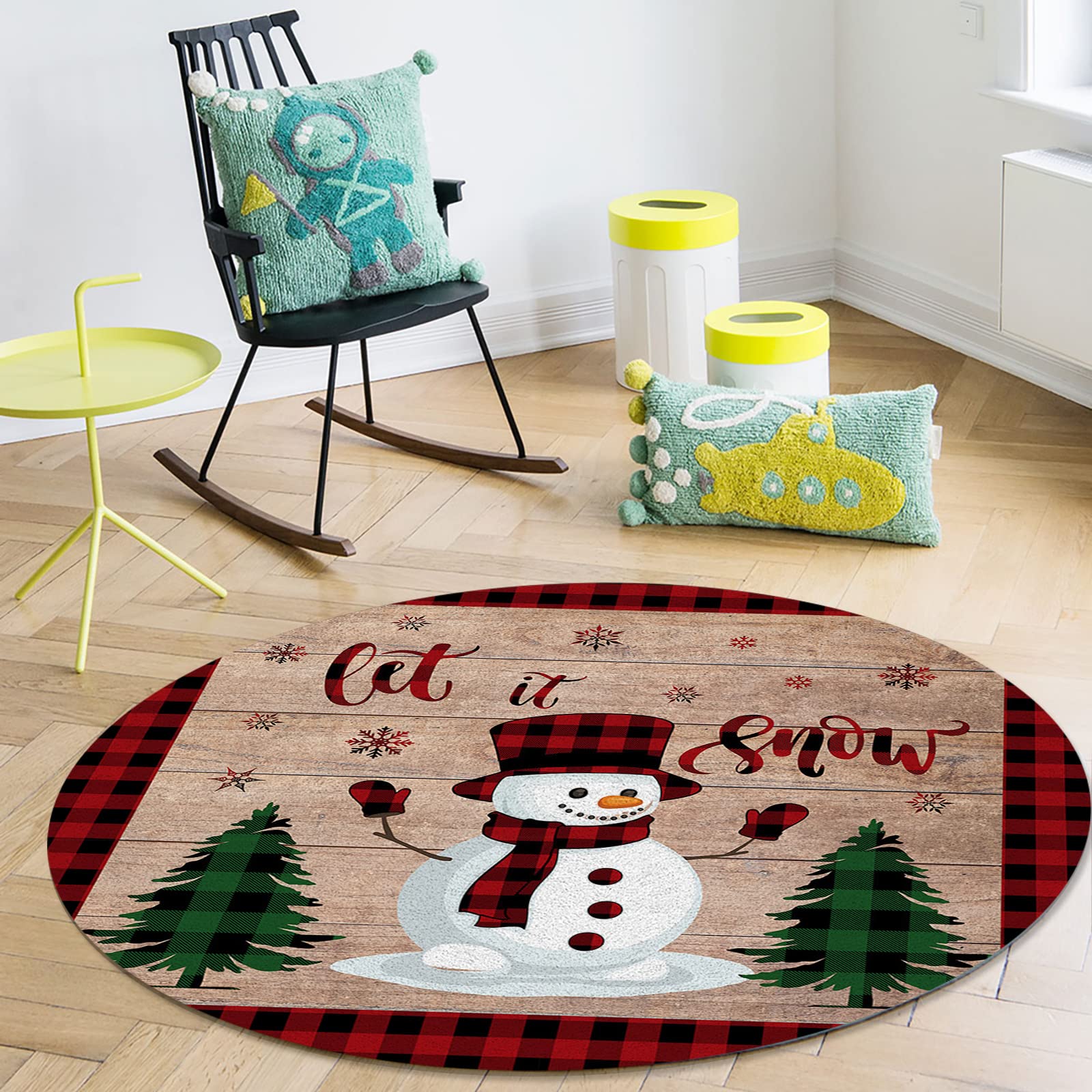 Christmas Plaid Round Area Rug - Red & Black Snowman & Xmas Tree Design on Retro Wood Grain - Soft Non-Slip Indoor Carpet for Living Room, Dining, Bedroom, Kids Room - Perfect for Holiday Decor & Cozy Home Gatherings (4 Feet)