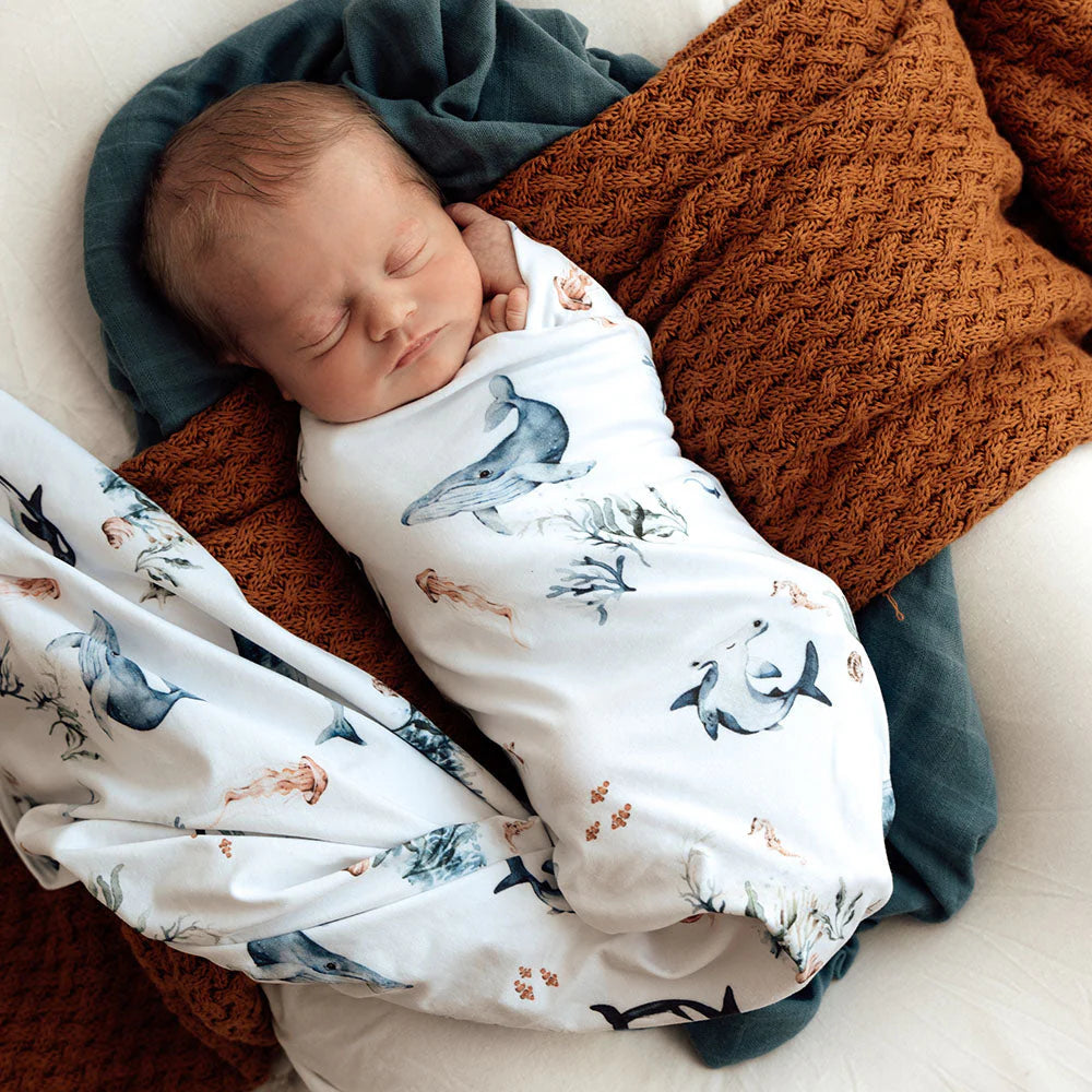 Snuggle Hunny Baby Jersey Wrap & Beanie Set - Soft Newborn Swaddle Blanket & Hat - Perfect for Baby Showers, Newborn Photography & Cozy Nursery Outfits - Ocean Blue