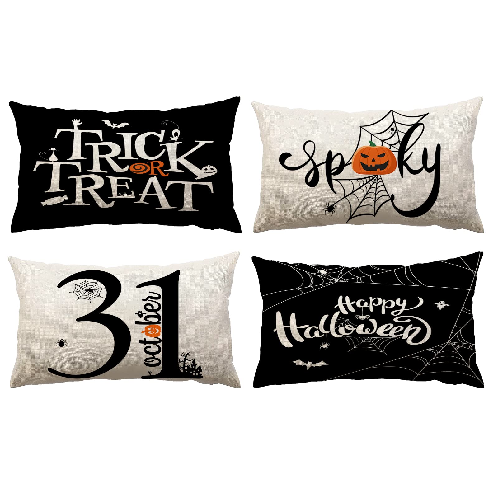 Halloween Pillow Covers 12x20 Inches - Set of 4 Trick or Treat Decorative Throw Pillow Covers with Black Spider Web Design for Sofa, Couch & Outdoor Decor - Perfect for Halloween Party & Home Decorations