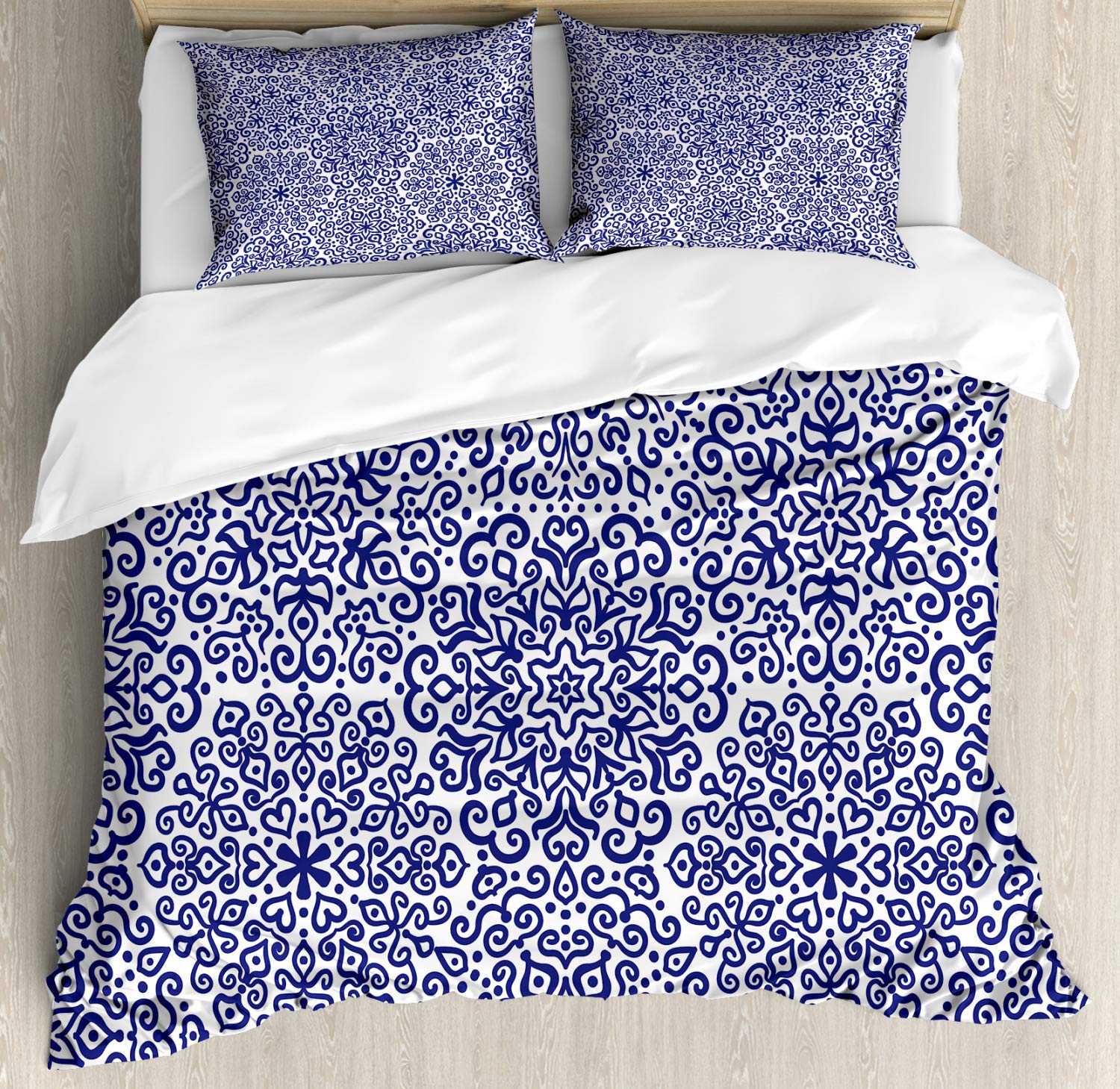 Ambesonne Indigo Mandala Duvet Cover Set - Trippy Floral Hearts Design on Plain Backdrop, 3-Piece California King Bedding Set with 2 Pillow Shams, Indigo & White - Perfect for Bohemian Bedroom Decor & Meditation Spaces