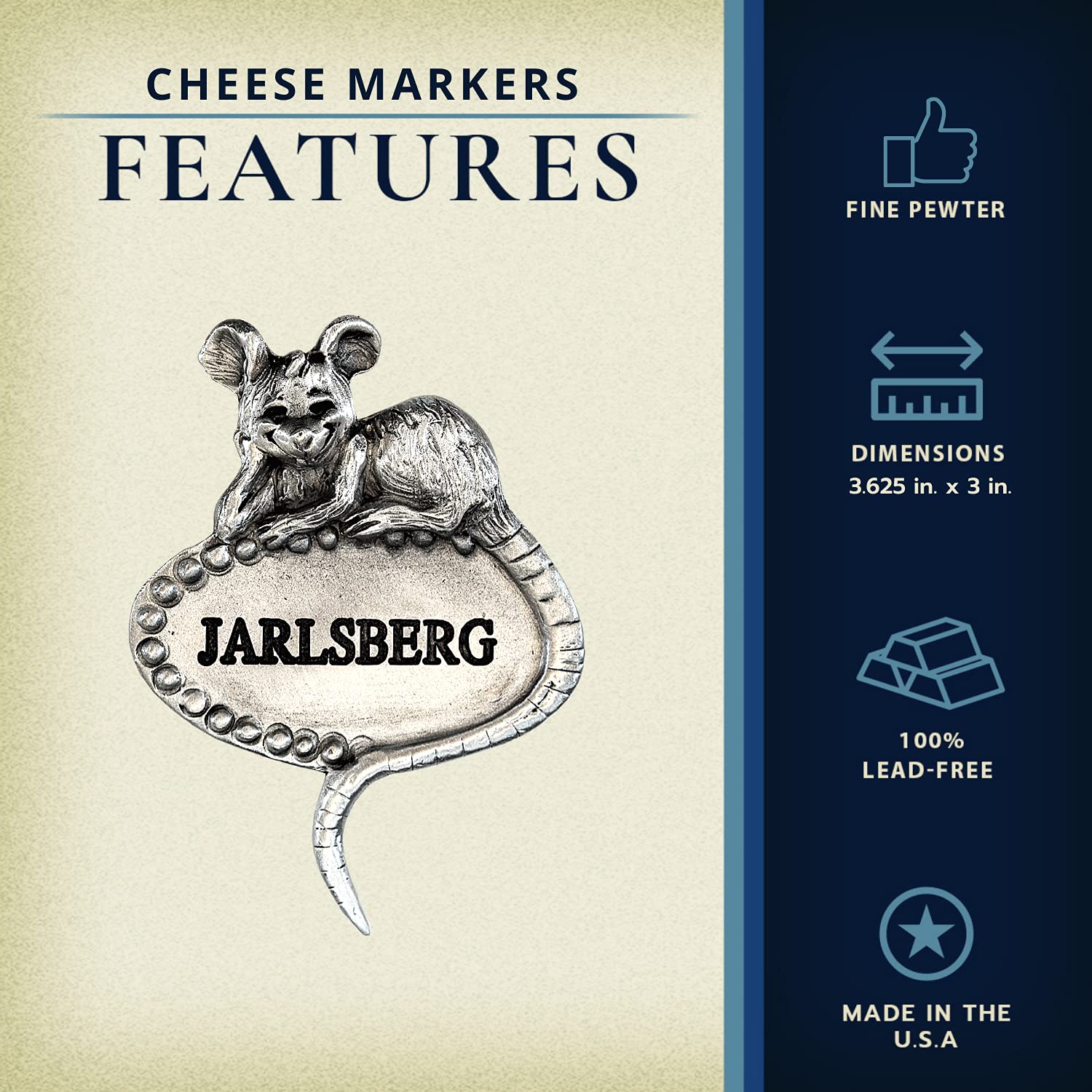 Premium Jarlsberg Cheese Marker - Elegant Pewter Cheese Label for Weddings, Parties & Gifts | Perfect for Charcuterie Boards, Cheese Platters & Housewarming Events