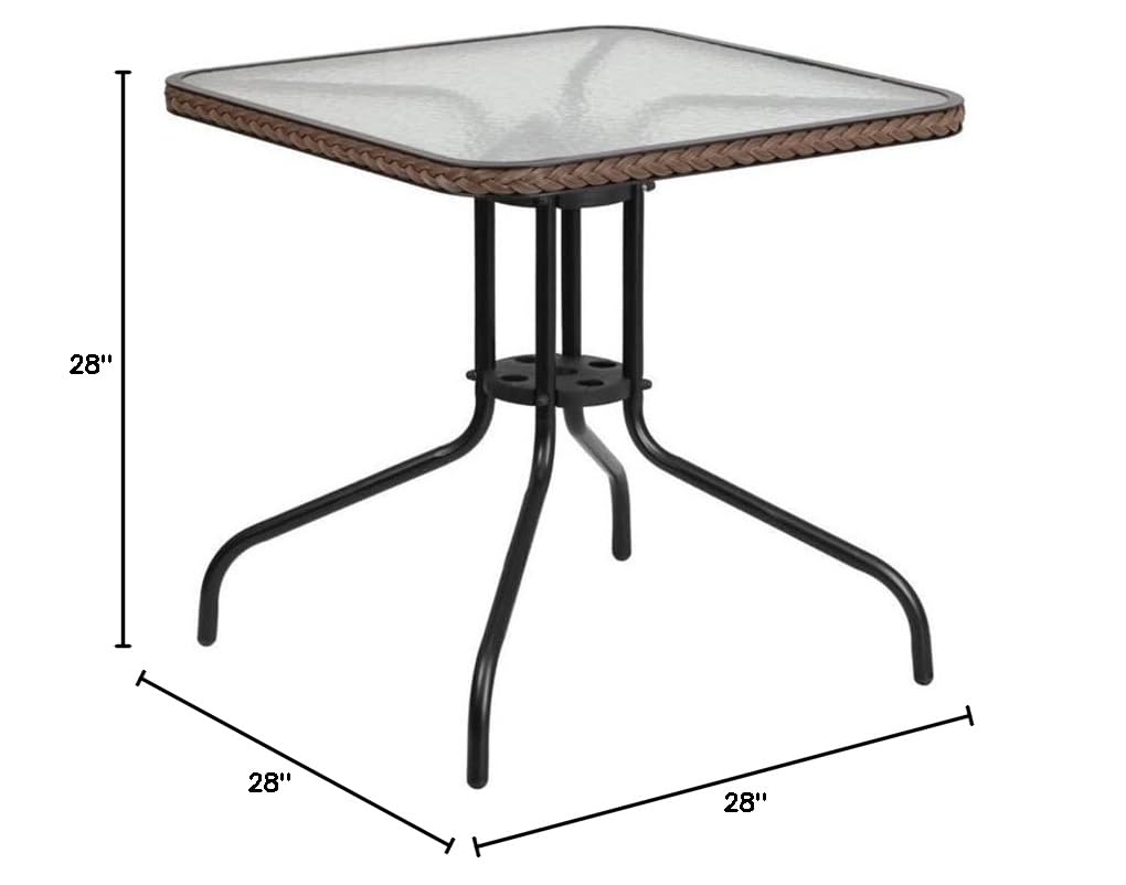 BOWERY HILL Black/Brown Rattan and Glass Square Outdoor Dining Table - Perfect for Patio, Garden, and Backyard Entertaining