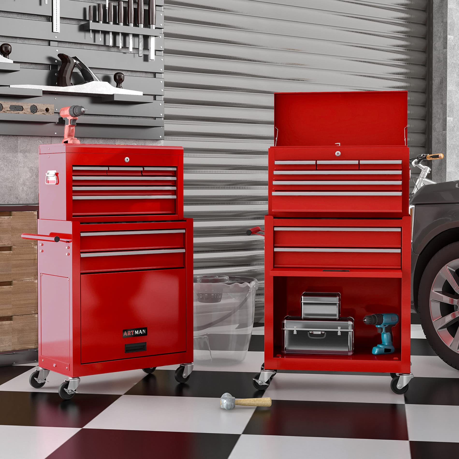 Heavy Duty Rolling Garage Workshop Tool Chest Cabinet - 8 Drawers Detachable Metal Tool Box Organizer with Locking System & Swivel Wheels - High Capacity Tool Storage Cabinet Trolley (Red) - Perfect for Mechanics, DIY Enthusiasts & Home Garage Organization