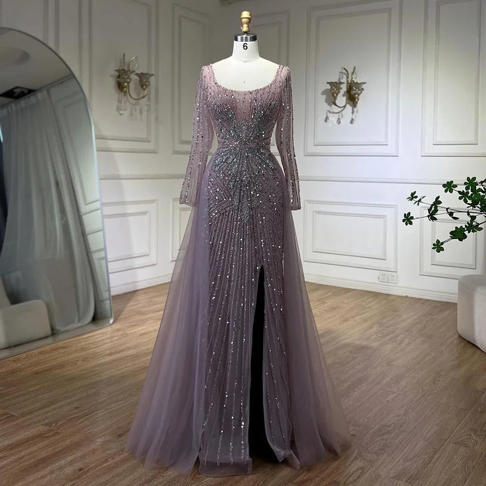 Elegant Pink Beaded Mermaid Evening Dress with Overskirt Split for Women - Luxury Wedding Party Gown 2025 LA72431 | Perfect for Prom, Red Carpet & Formal Events