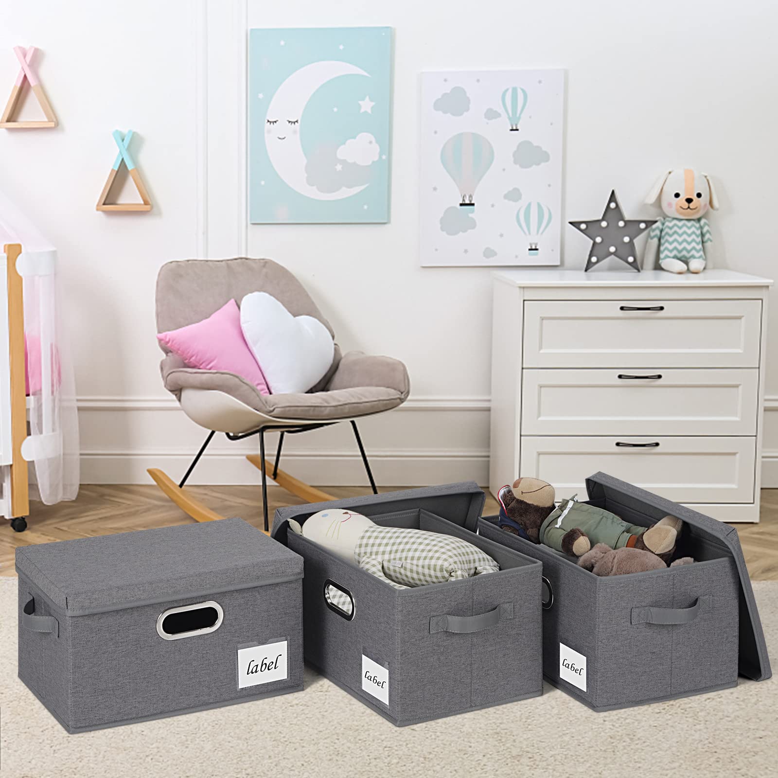 Extra Large Foldable Fabric Storage Bins with Lids - 3 Handles & Labels - Sturdy Closet Organizer for Home, Bedroom, Office - Perfect for Seasonal Clothes, Toys & Blankets (Grey)