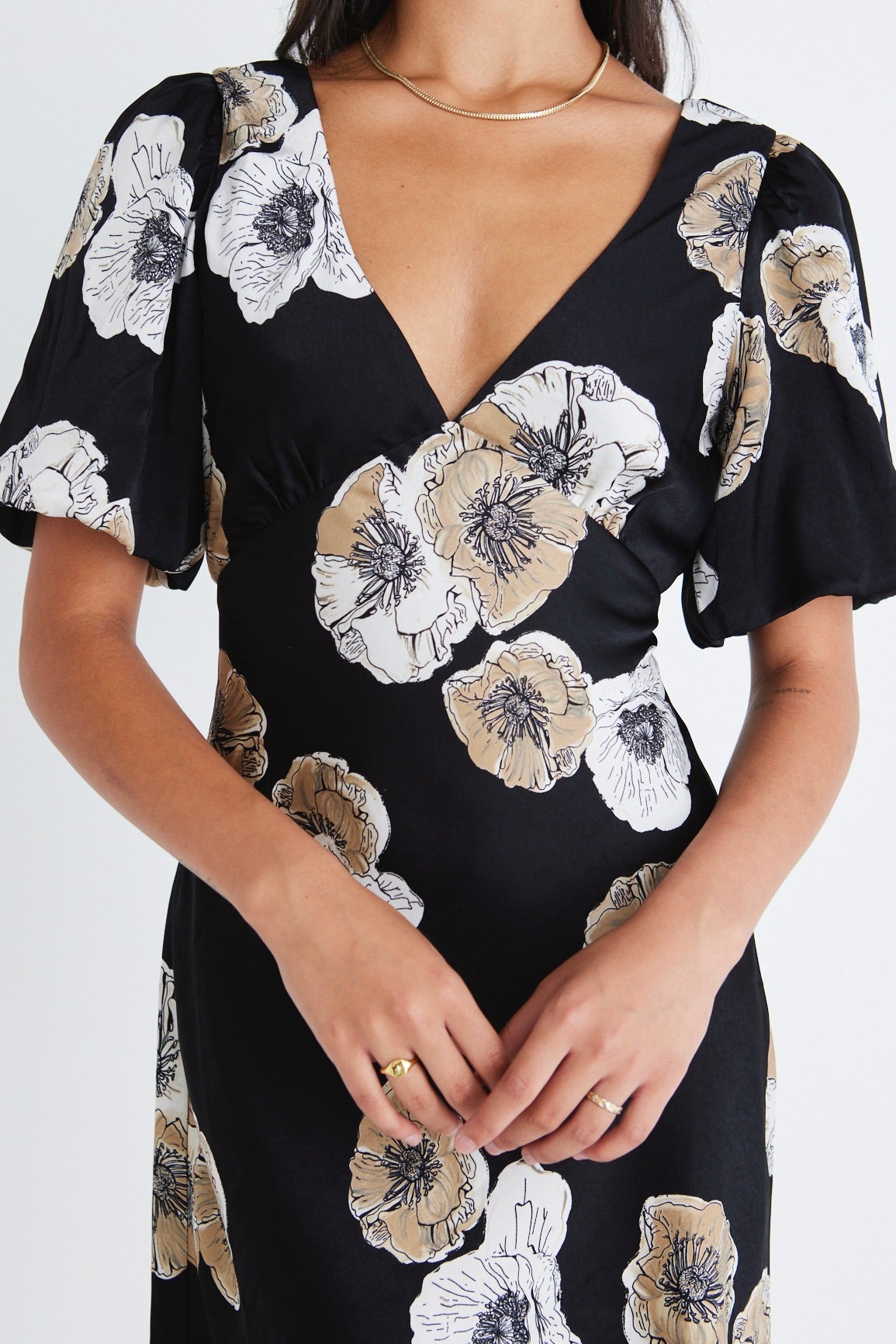 Amour Black Floral Satin Bubble Sleeve Mini Dress - Elegant Party & Cocktail Dress for Women, Perfect for Date Night, Wedding Guest, and Special Occasions