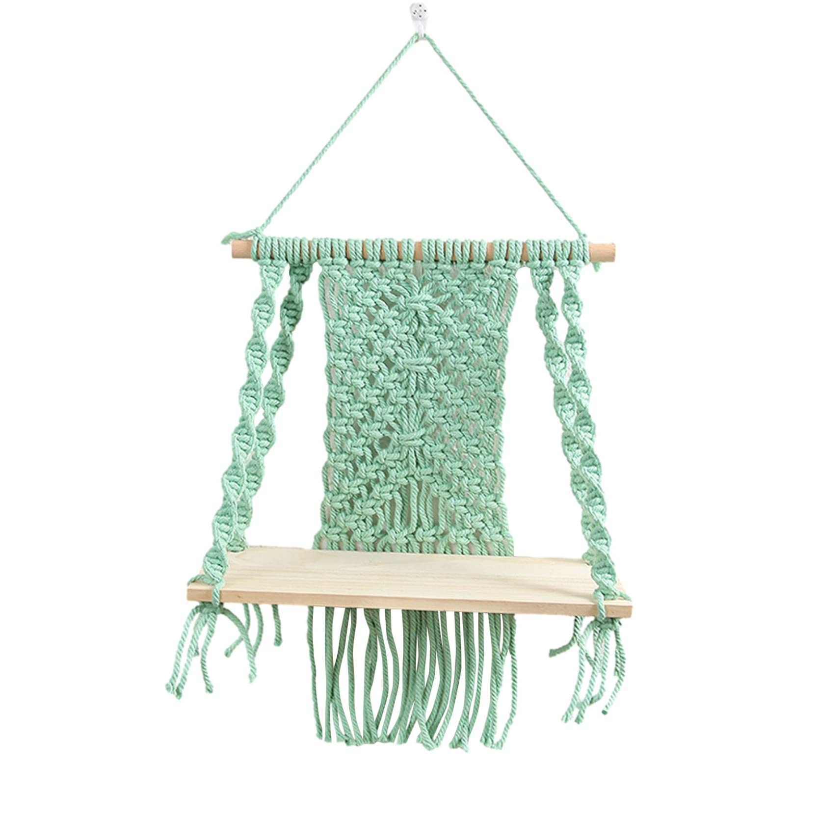 Bohemian Green Macrame Wall Hanging Shelf - Handwoven Wooden Plant Holder, Storage Rack for Home Decor | Perfect for Living Room, Bedroom & Boho Style Interior Design