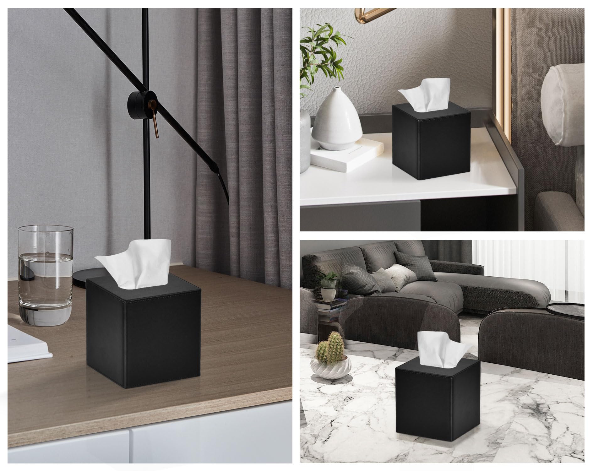 Square PU Leather Tissue Box Cover - Black Decorative Holder for Facial Tissues | Dresser & Bathroom Organizer | Perfect for Home, Office & Hotel Decor