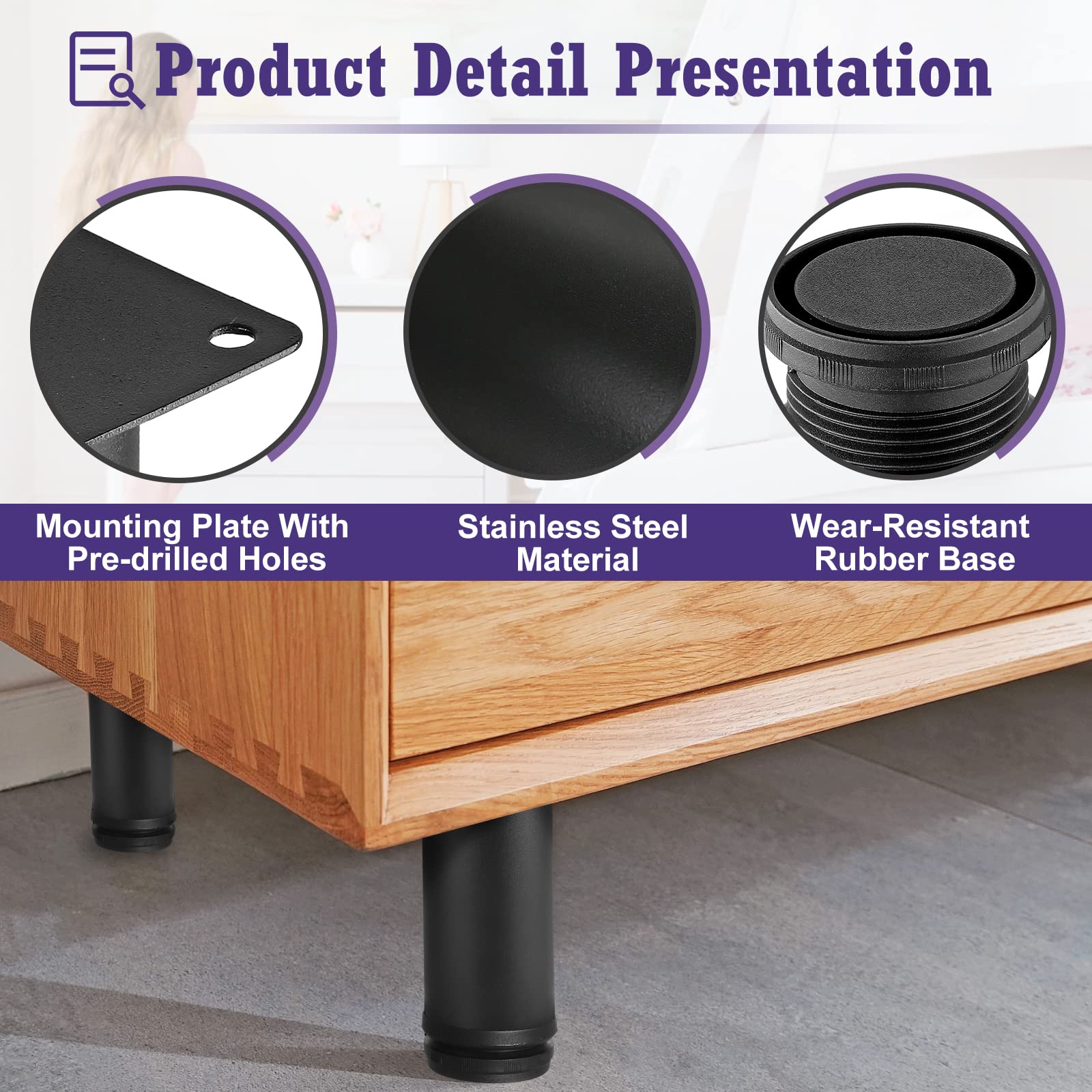 4 Inch Adjustable Stainless Steel Metal Furniture Legs - Round Black Cabinet Legs for Coffee Table, Desk, Sofa & Shelves (Set of 8) | Durable Modern Home & Office Decor Support