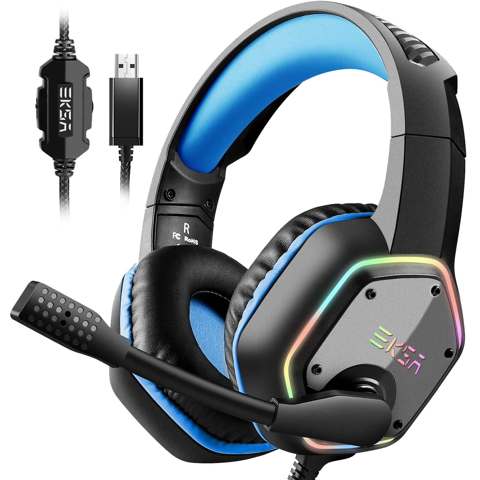 EKSA Gaming Headset with 7.1 Surround Sound Stereo - USB Noise Canceling Microphone & RGB Lighting - Compatible with PC, PS4, Laptop (Blue) - Perfect for Competitive Gaming & Online Chatting
