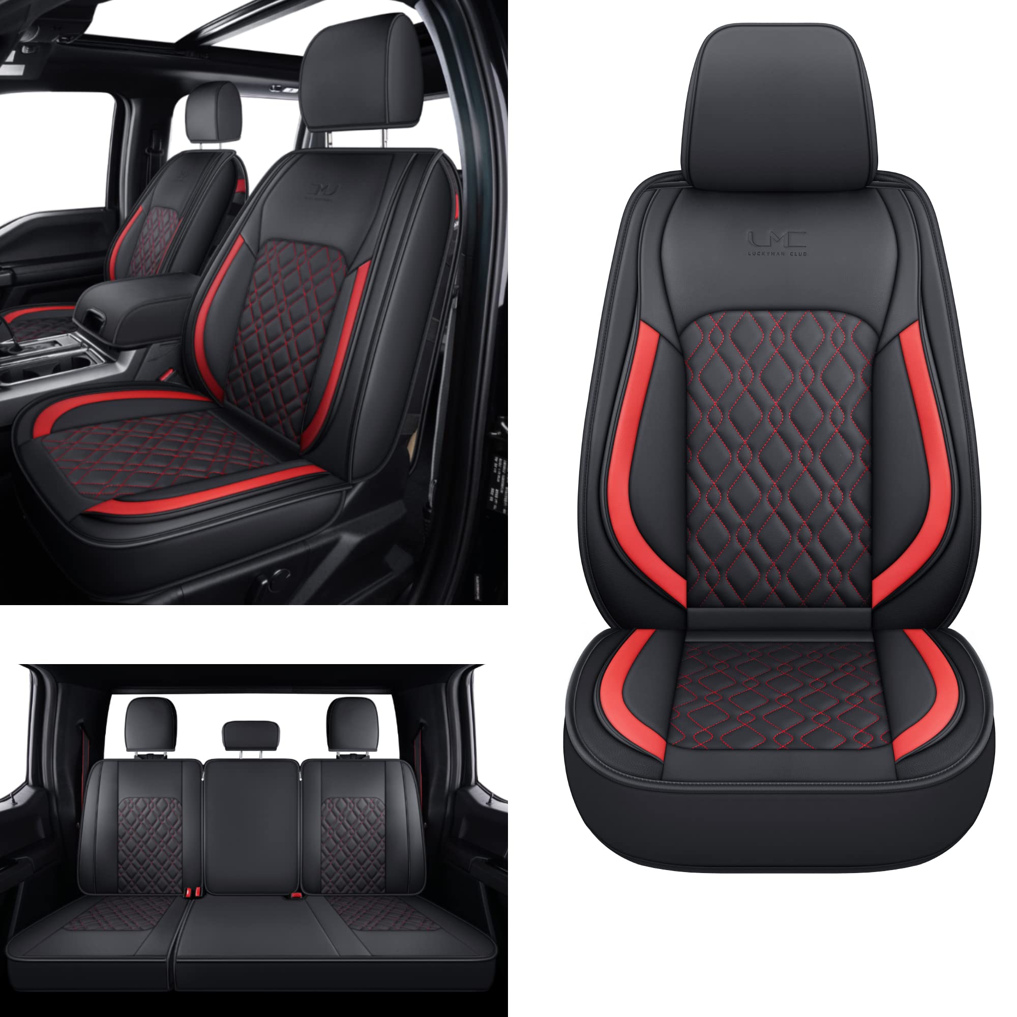 Premium Waterproof Faux Leather Seat Covers Full Set for 2015-2024 Ford F150 & 2017-2024 F250 F350 F450 Trucks - Black-Red Design - Durable Protection for Work & Off-Road Adventures