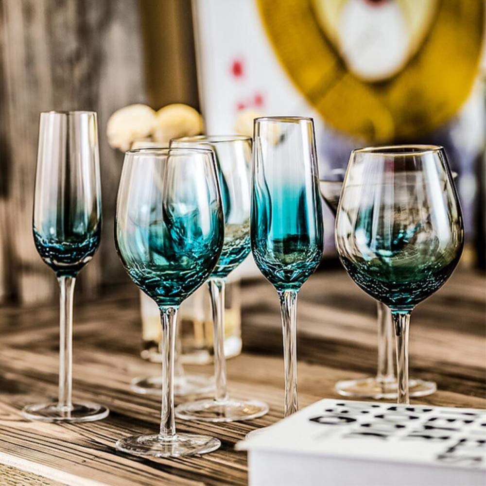 Gradient Blue Crystal Wine Glasses Set - 100% Lead-Free Premium Crystal Ice Cracked Design for Red Wine, Cocktails & Champagne - Perfect for Dinner Parties, Weddings & Romantic Date Nights