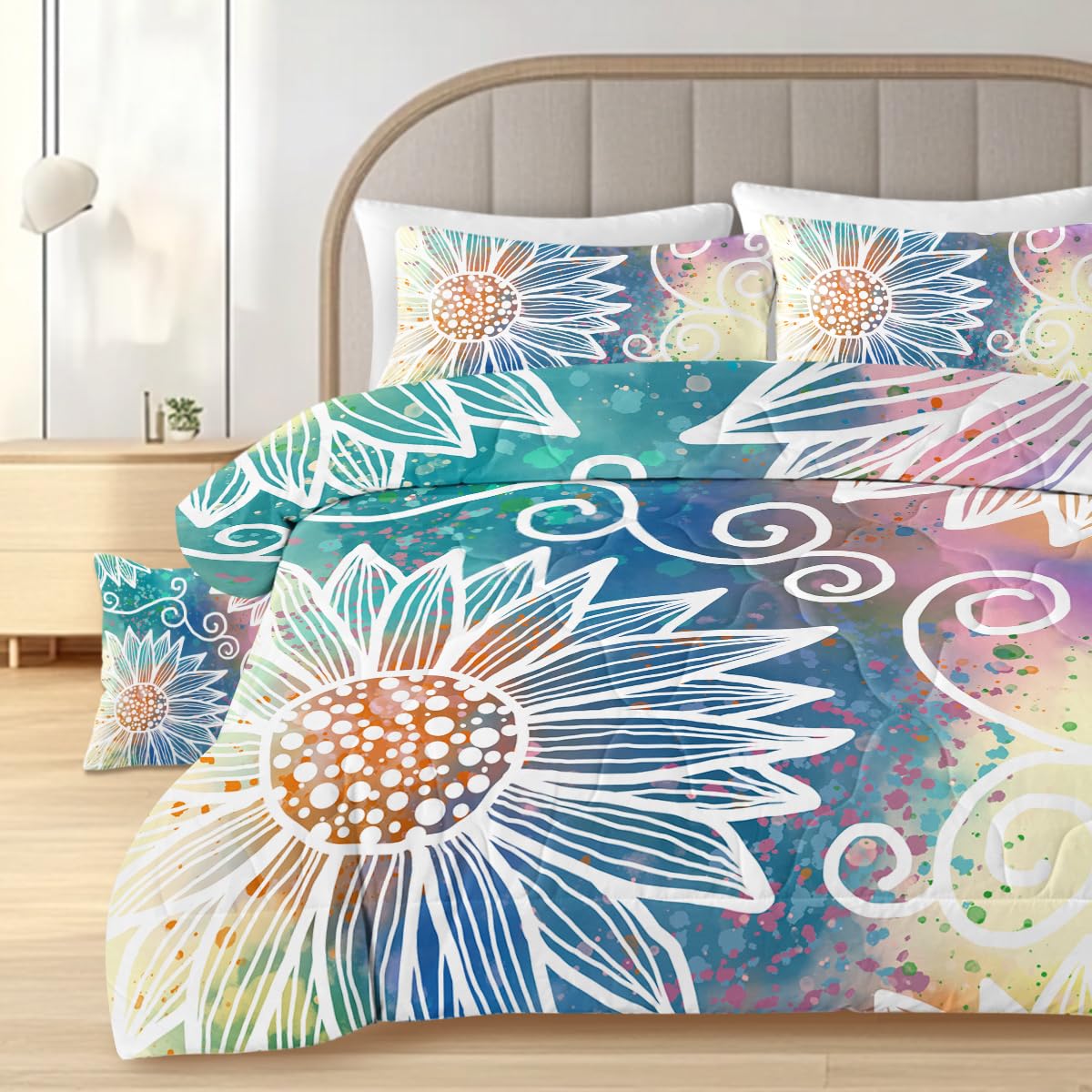 Sleepwish Boho Mandala Floral Queen Comforter Set - Turquoise Teal Blue Bohemian Geometric Lightweight Quilt | 4-Piece Ethnic Bedspread for Master Bedroom, Guest Room & Bohemian Home Decor