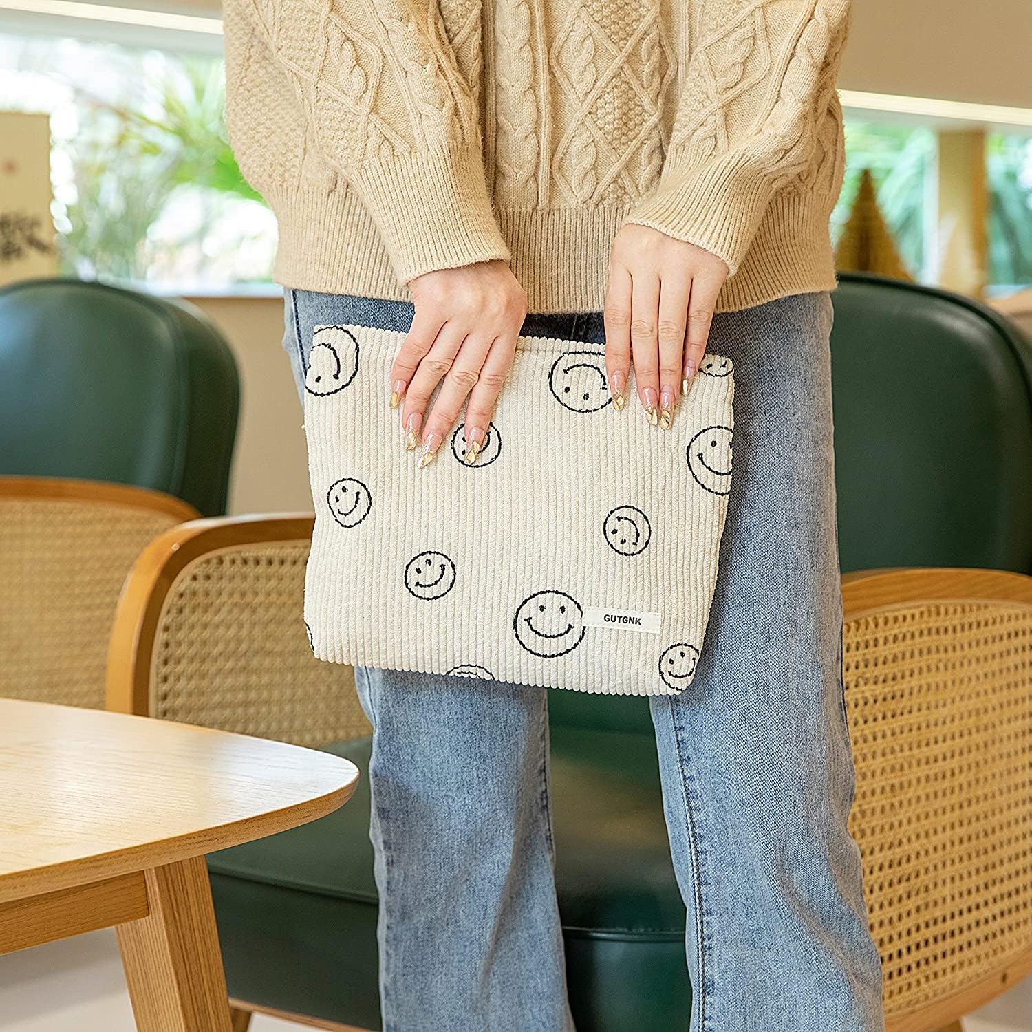 Corduroy Makeup Bag for Women - Small Aesthetic Cosmetic Organizer with Smile Dots Design, Travel Toiletry Pouch (Beige, 25x5x18cm) | Perfect for Daily Makeup Storage, Travel Essentials & Gift for Girls
