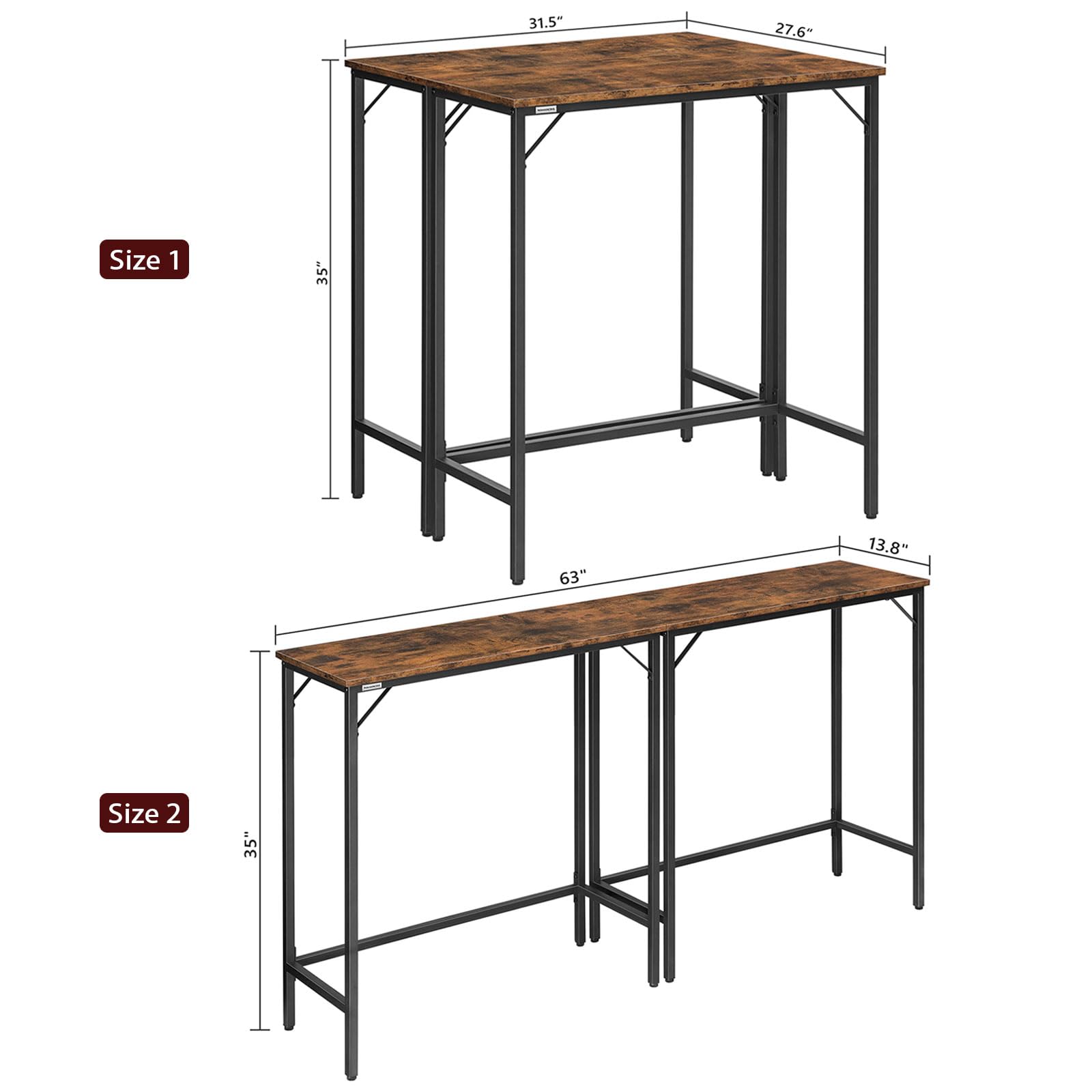 63-Inch Narrow Bar Table - Rustic Brown Pub Table with Sturdy Metal Frame | Connectable Dining Counter Table & Multifunctional Console Table | Perfect for Kitchen, Dining Room, Bar or Small Space Decor (BTHR1601)