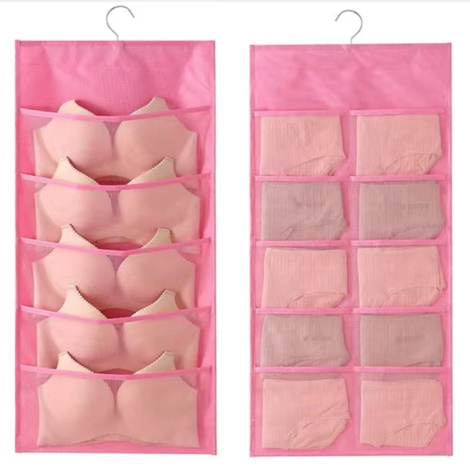 Dual-Sided Mesh Bra and Underwear Organizer with 24 Pockets - Space Saving Wall Mounted Closet Storage for Socks, Panties & Lingerie (Pink) - Perfect for Small Bedrooms, Dorms & Apartment Closets