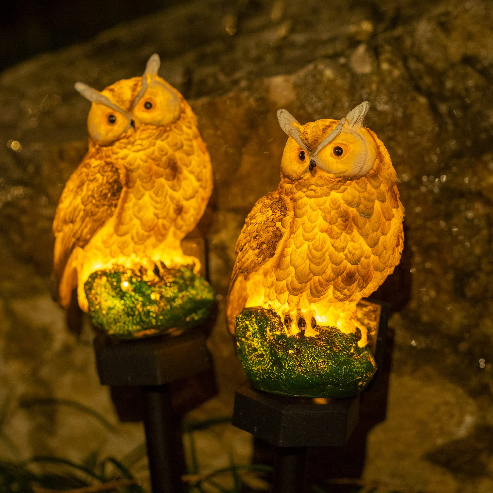 Solar Owl LED Lights for Outdoor Garden - Waterproof Resin Decoration with Stake for Yard, Pathway, Patio & Lawn - Bird Deterrent Decor (2 Pack, Brown) - Perfect for Nighttime Illumination & Pest Control