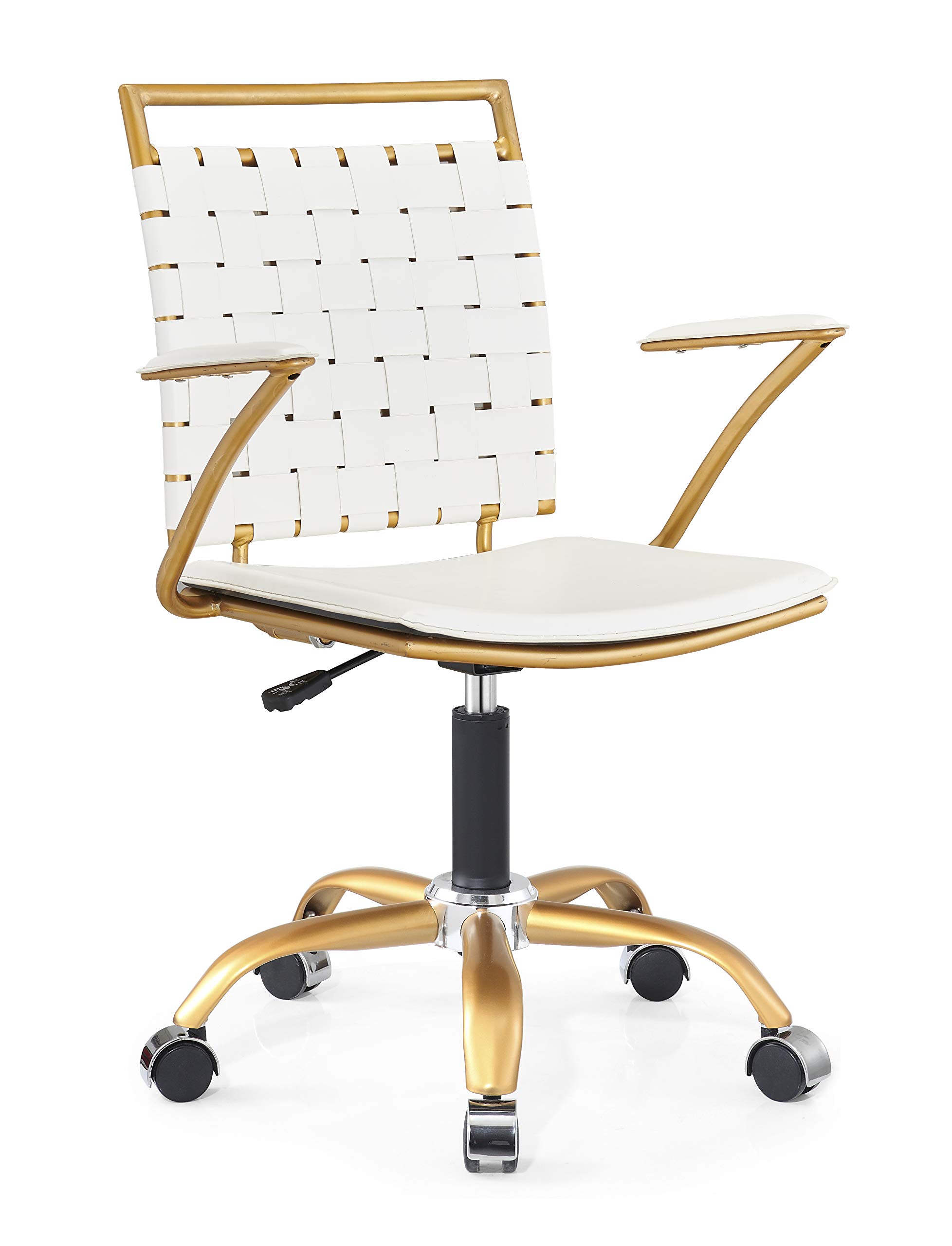 LUXMOD Gold Mid Back Ergonomic Office Chair - Swivel Computer Desk Chair with Arms & Lumbar Support - White Leather Executive Chair for Home Office, Gaming, and Workspace Comfort