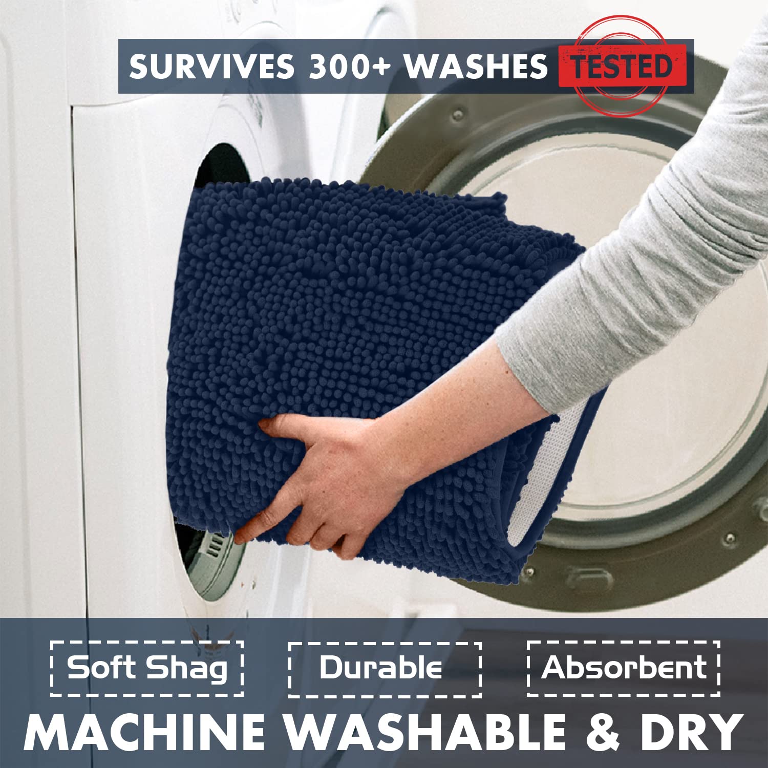 LuxUrux U-Shaped Toilet Bath Mat - Super Absorbent Non-Slip Contoured Rug for Toilet Base, Soft Plush Chenille Fabric, Machine Washable (20x20 Inches, Navy Blue) | Perfect Bathroom Floor Mat for Toilet Area, Prevents Slips & Absorbs Water Quickly