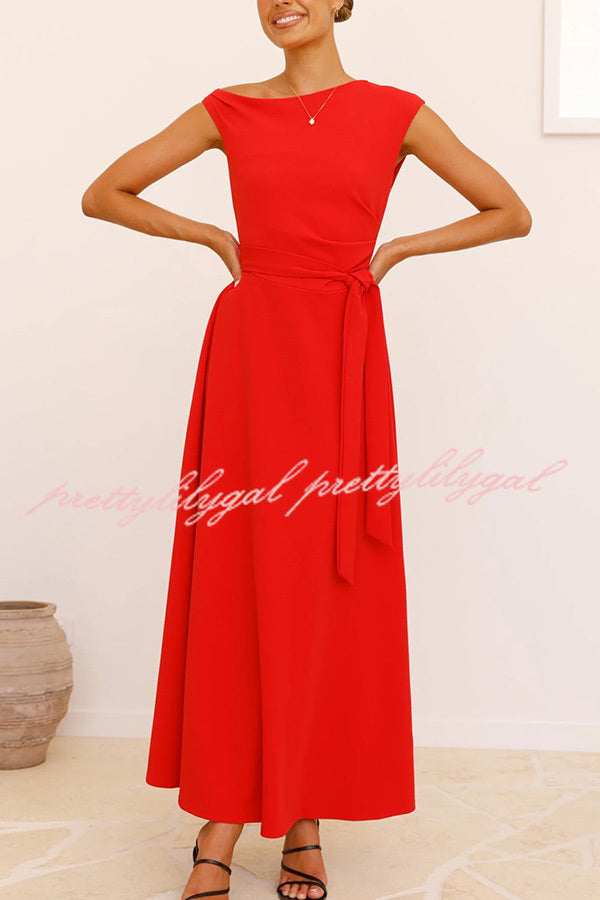Elegant Solid Color Sloped Collar Slim Fit Waist Lace Up Maxi Dress for Women | Formal & Casual Occasions | Perfect for Weddings, Parties & Date Nights