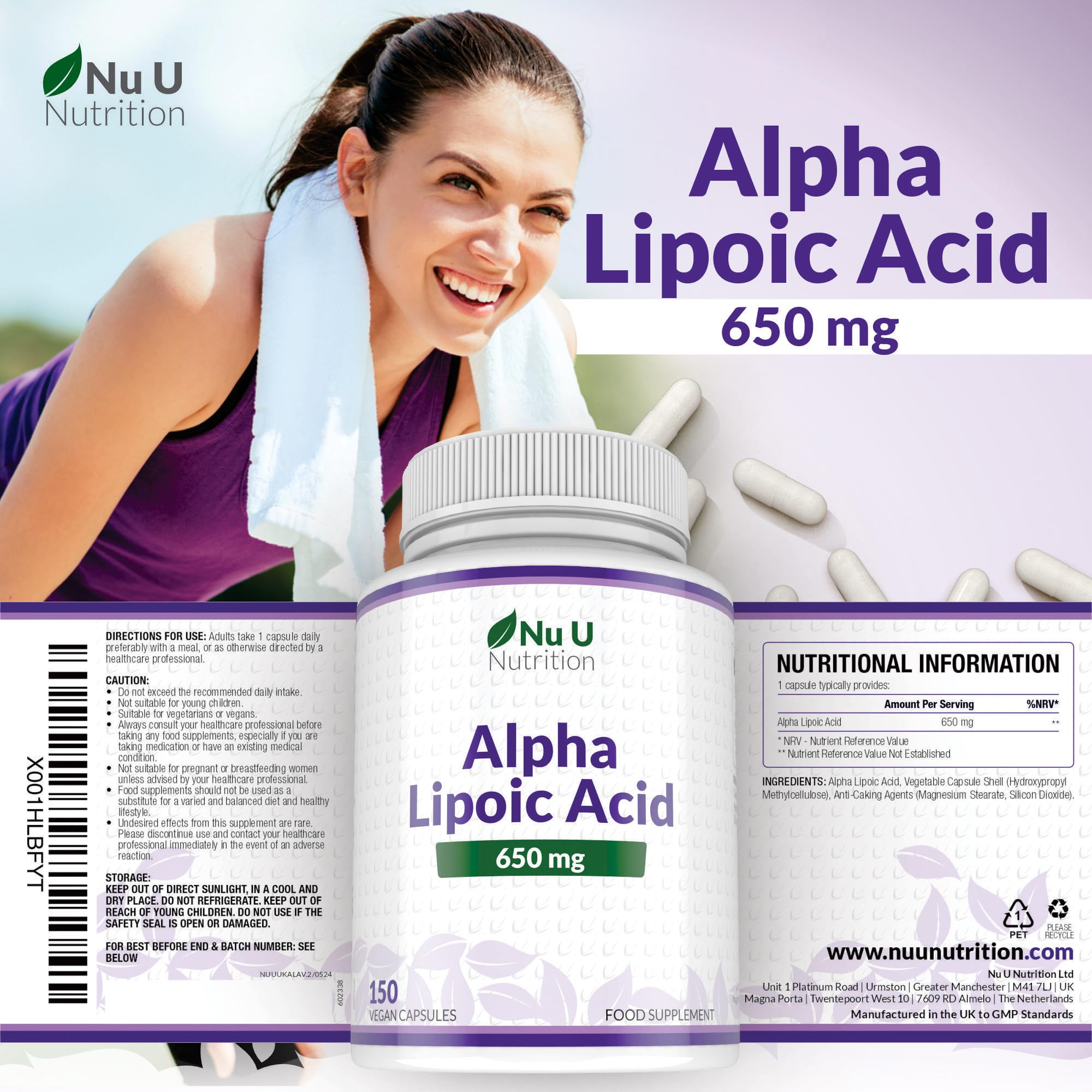 Nu U Nutrition Alpha Lipoic Acid 650mg - 150 Vegan ALA Capsules | High Strength Amino Acid Supplement | 5 Month Supply | Made in UK | Supports Energy Metabolism & Nerve Health for Active Lifestyles