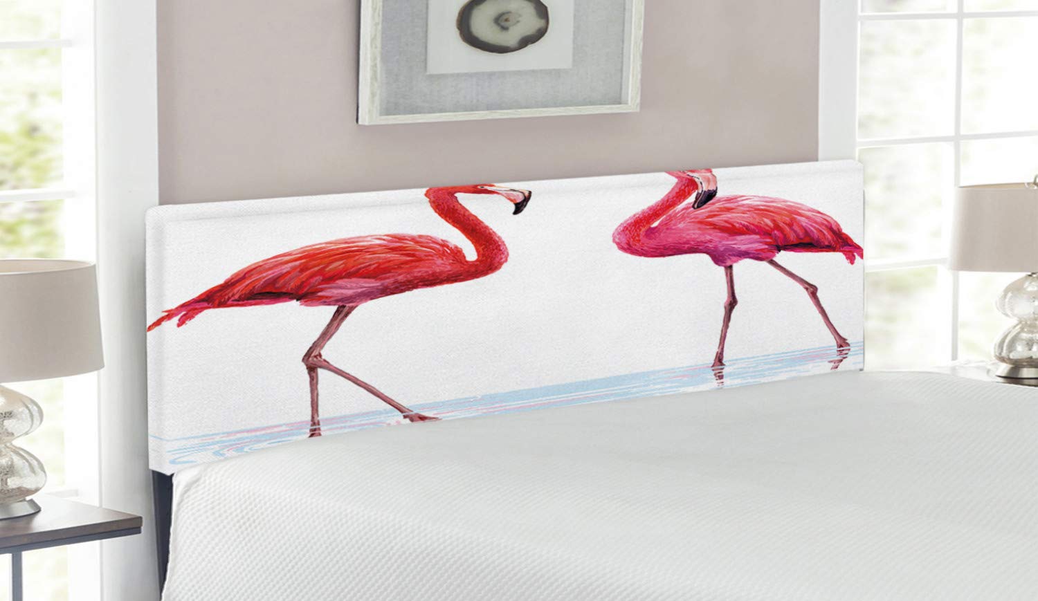 Ambesonne Queen Size Upholstered Metal Bed Headboard with Memory Foam - Hand Drawn Pink Flamingos Tropical Seaside Wildlife Art, Decorative Orange Lavender Animal Headboard for Bedroom, Guest Room, Beach House Decor