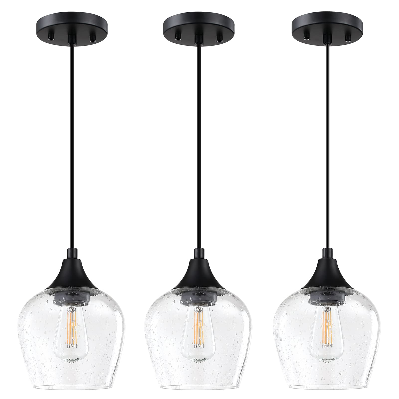 3 Pack Black Mini Hanging Pendant Lights with Clear Seeded Glass Shades - Indoor Kitchen Island Lighting for Dining Room, Bar Counter, Breakfast Nook & Home Decor