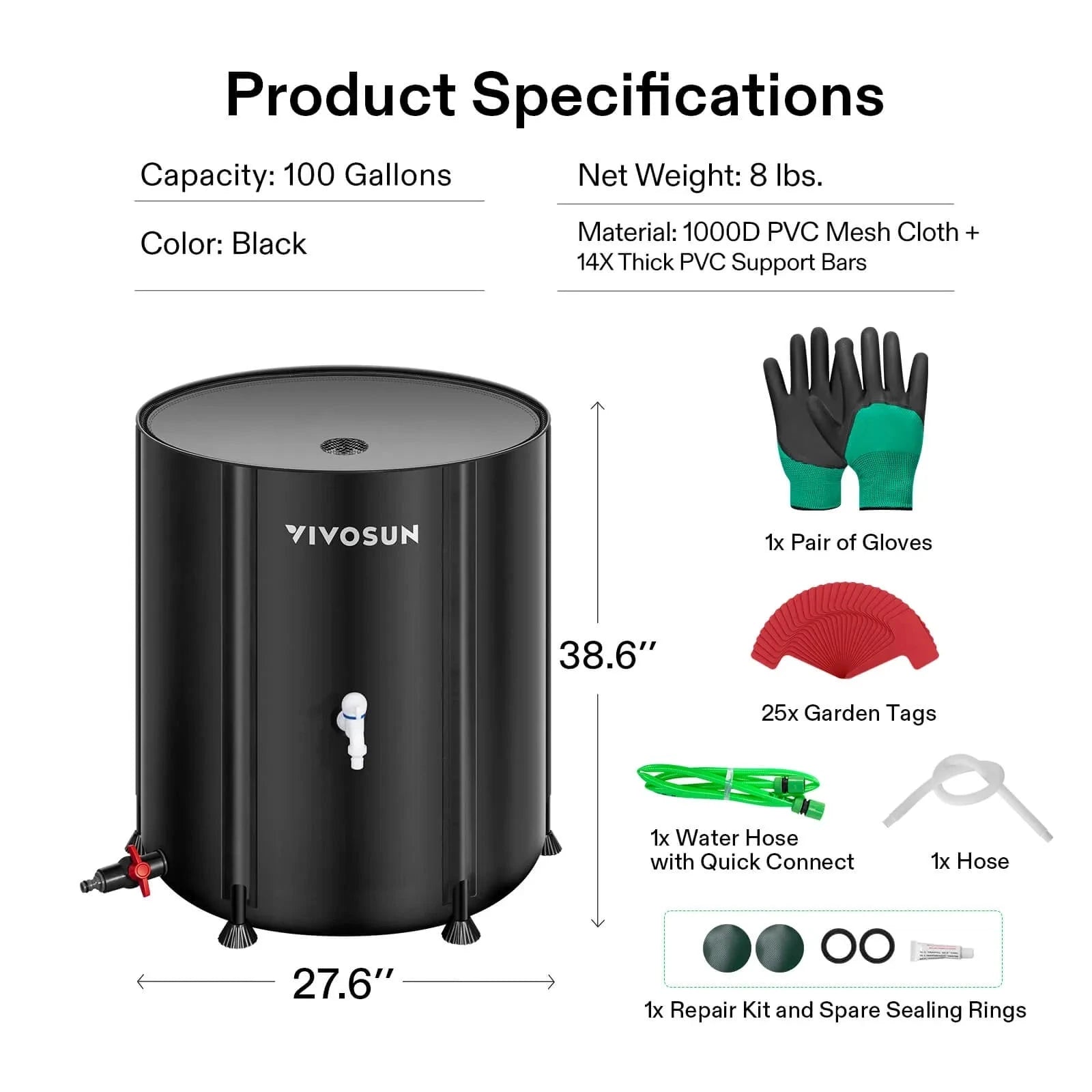 Vivosun 100 Gallon Collapsible Rain Barrel - Water Storage Container for Garden, Lawn & Outdoor Use | Eco-Friendly Rainwater Collection System | Perfect for Irrigation, Emergency Water Supply & Sustainable Living