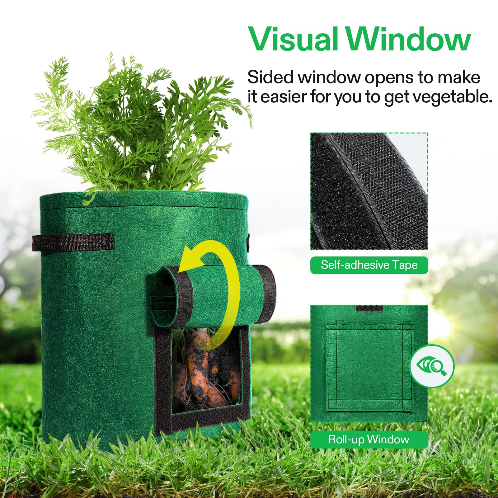 VIVOSUN 5-Pack 10 Gallon Potato Grow Bags with Handles & Roll-up Window - Breathable Fabric Plant Containers for Potatoes, Vegetables & Root Crops - Ideal for Home Gardening, Balcony & Indoor Planting (Green)