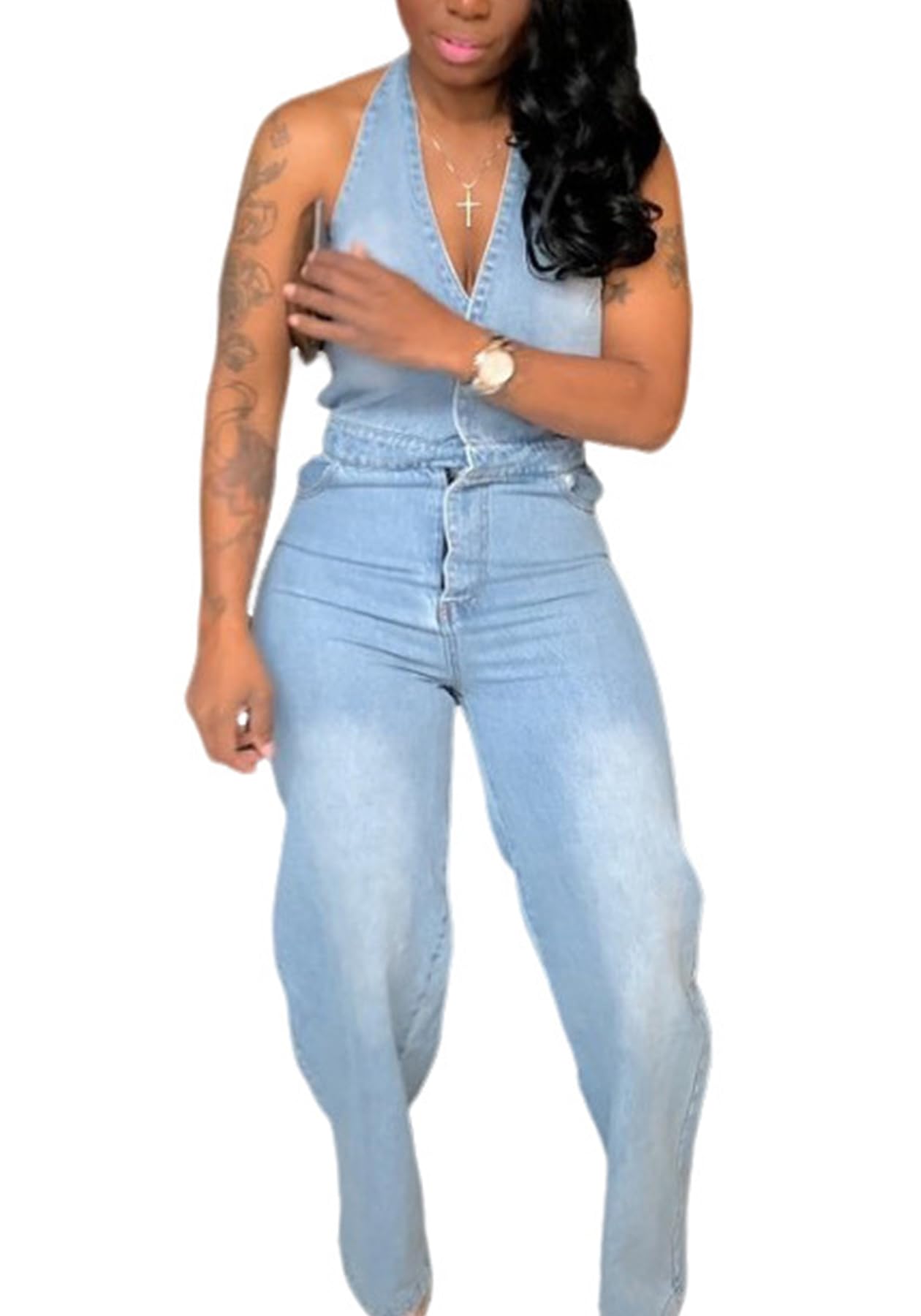 Women's Sexy Halter Sleeveless Denim Jumpsuit - V Neck Backless Romper with Loose Pants | Perfect for Summer Outings, Beach Vacations & Casual Street Style