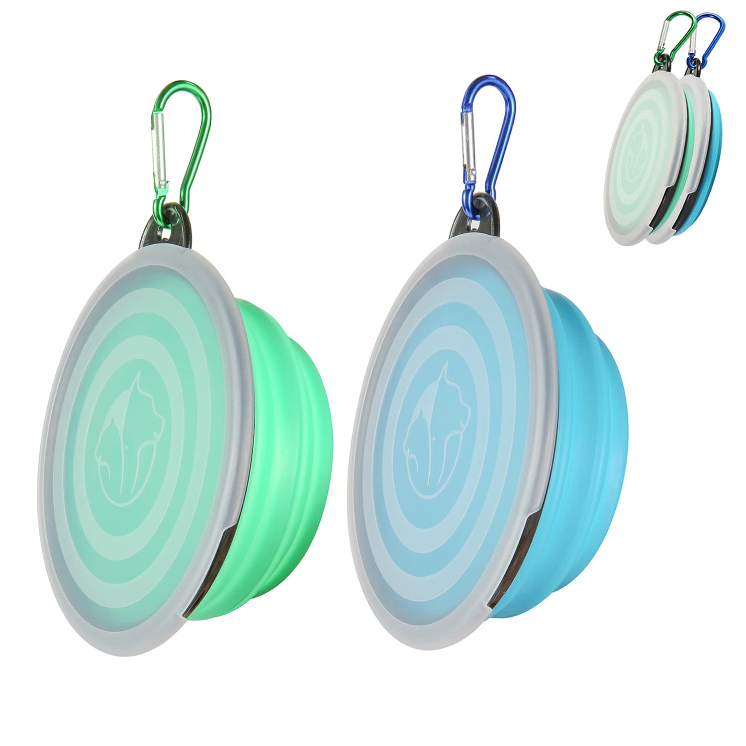 SLSON 2-Pack Collapsible Pet Bowls with Lids - Portable Foldable Dog & Cat Food and Water Dish for Travel, Walking, Camping, Hiking (Light Blue & Green, Small) - Perfect for Outdoor Adventures and Daily Use