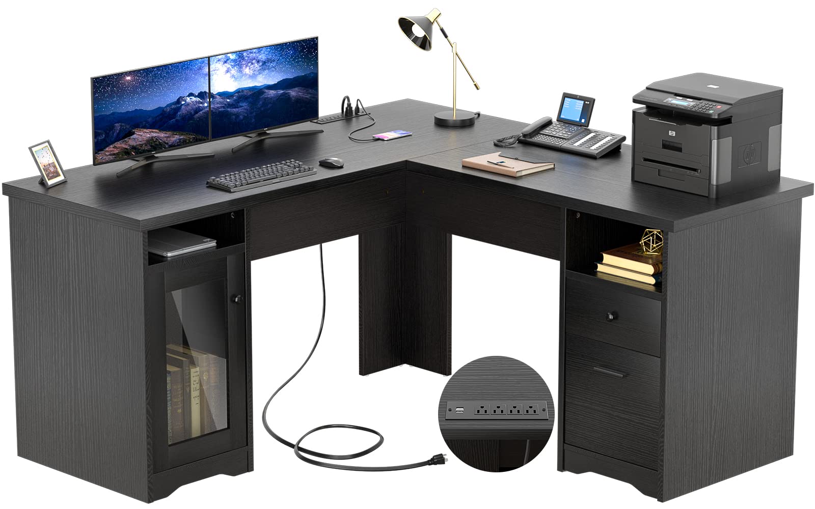 60 Inch L-Shaped Corner Desk with Drawers & Power Outlet - Black Office Computer Desk with USB Charging Port, File Cabinets & Storage | Perfect for Home Office, Gaming Setup & Executive Workspace
