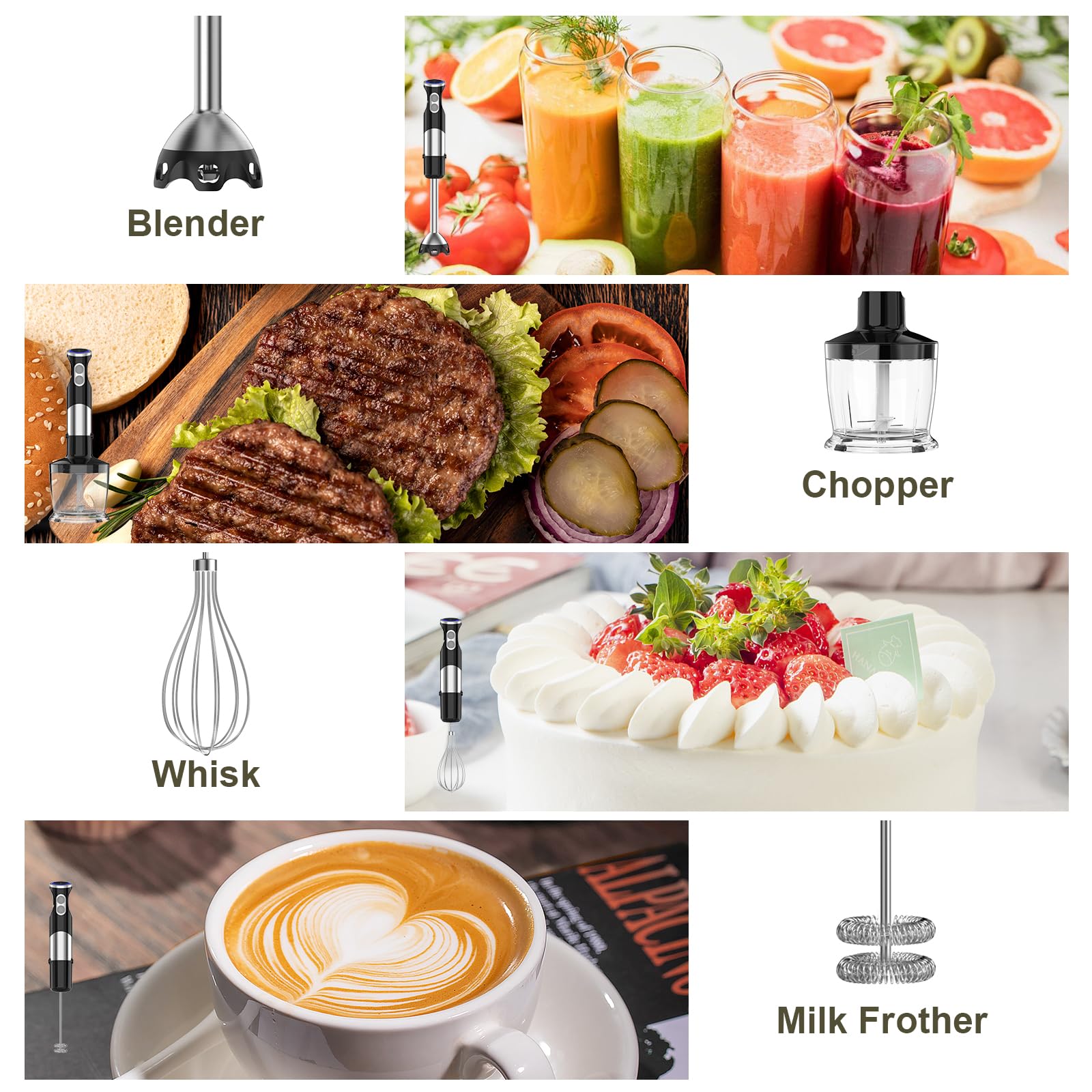 5-in-1 Immersion Hand Blender 1100W - 12 Speed & Turbo Boost Stick Blender with Stainless Steel Chopper, Mixing Beaker, Whisk & Milk Frother for Smoothies, Purees, Milkshakes, Soups & Baby Food - Professional Kitchen & Home Cooking Essential