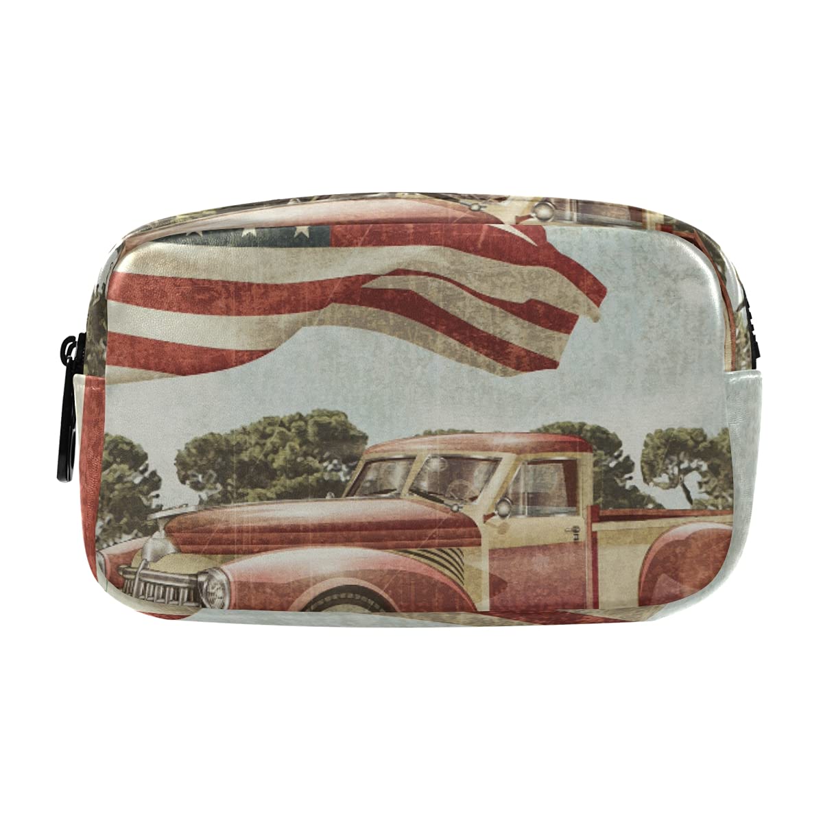 Vintage American Flag Truck Cosmetic Bag - Waterproof Travel Makeup Organizer for Brushes & Pencils | Portable Toiletry Pouch for Women | Perfect for Road Trips, Camping & Daily Beauty Essentials