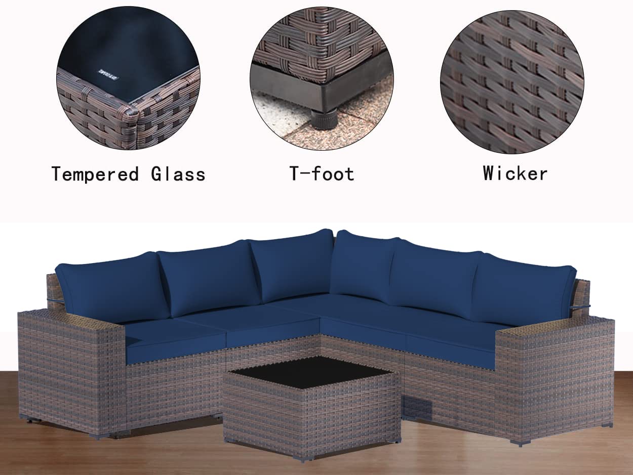 7-Piece Outdoor Patio Furniture Set with Propane Fire Pit - High Back PE Wicker Rattan Sofa Conversation Set - Sectional Patio Furniture with Tempered Glass Table & Gas Fire Pit (Navy Blue) - Perfect for Backyard, Garden, Poolside & Outdoor Entertaining