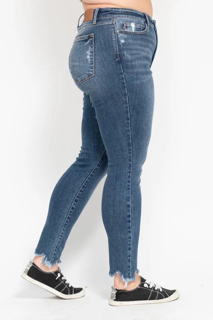 Judy Blue Plus Size High Waist Skinny Jeans with Distressed & Shark Bite Hem - Perfect for Casual Outfits, Date Nights and Everyday Wear