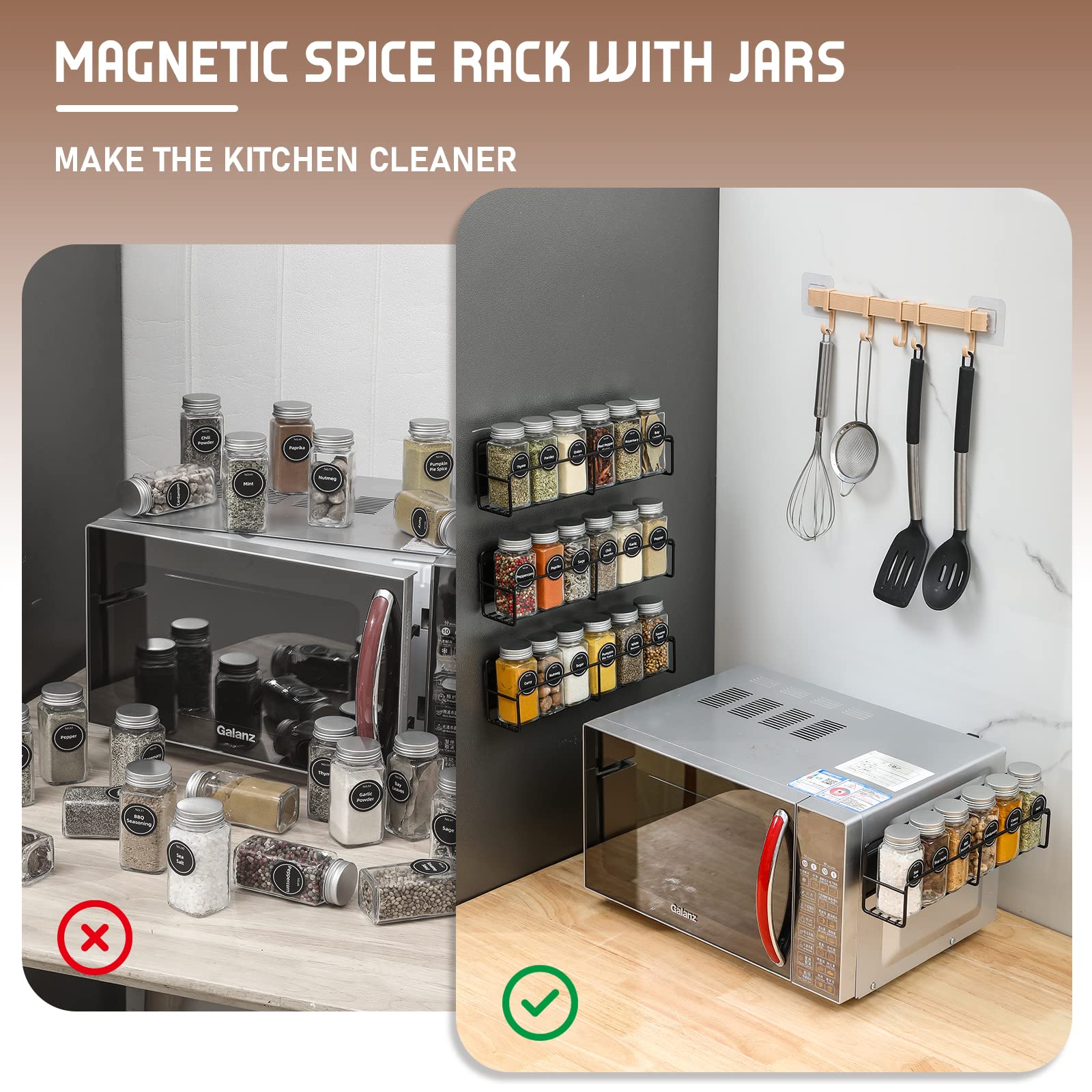 VITEVER 4-Pack Magnetic Spice Rack with 24 Square Glass Jars & Lids - Pre-Printed Labels, Funnel Included - Space Saving Spice Organizer for Kitchen, Refrigerator & Microwave - Perfect for Cooking, Baking & Meal Prep