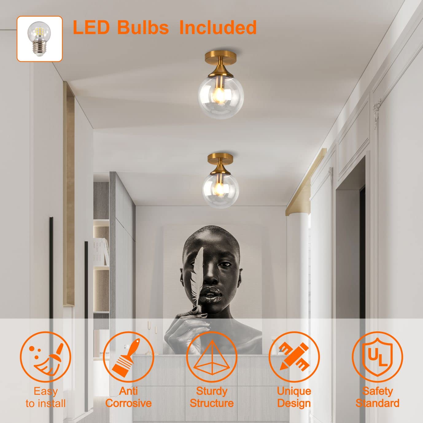 KCO Lighting Brushed Gold Flush Mount Ceiling Light - Small Hallway & Bathroom Fixture with Bubble Glass Globe - Mid Century Modern Design for Home, Apartment & Office Lighting