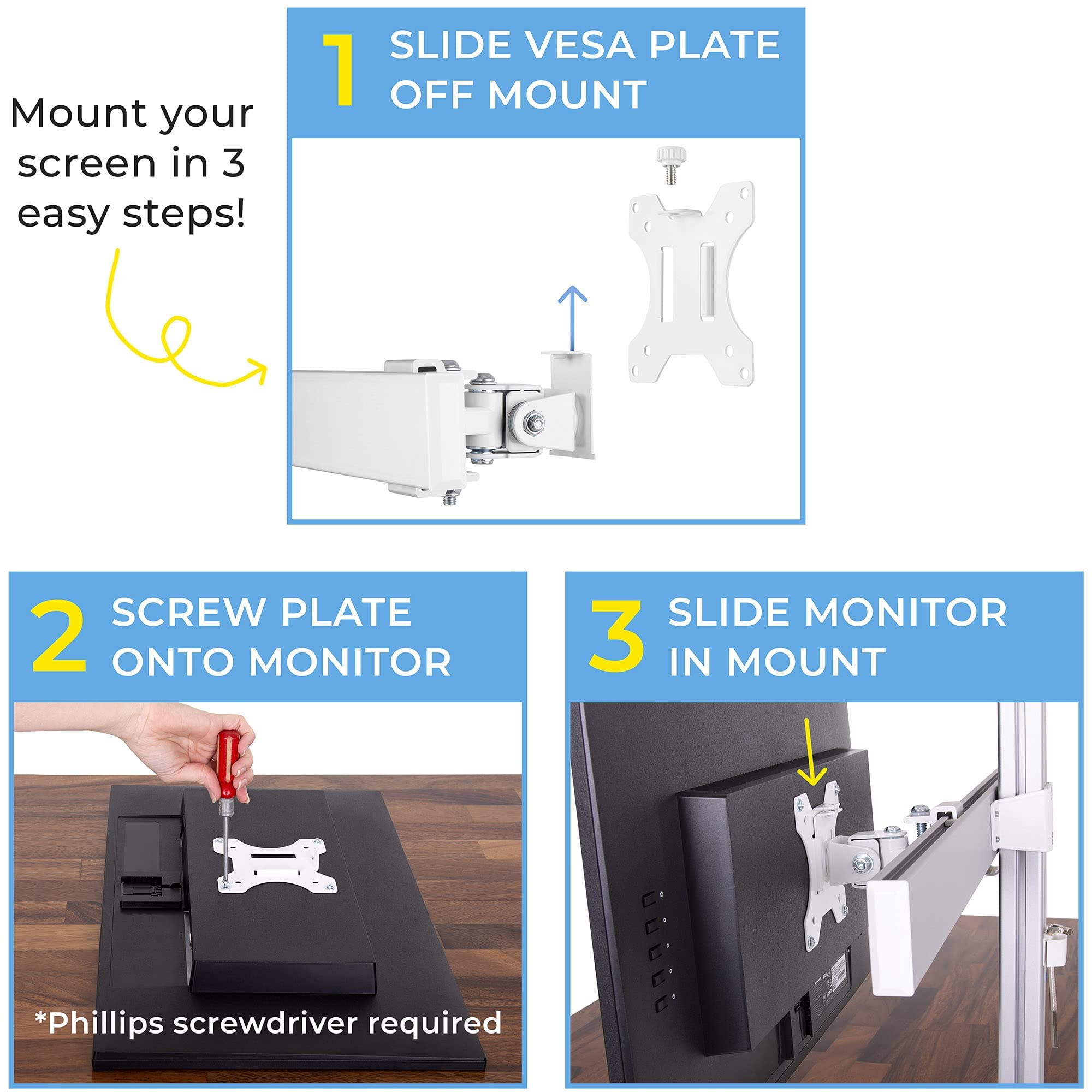 Stand Steady 4 Monitor Mount Desk Setup - Heavy Duty Adjustable VESA Stand for 17-32 inch Screens | Ergonomic Swivel Arm with Clamp Base | Silver 4-Pack | Perfect for Gaming, Office & Home Workstations