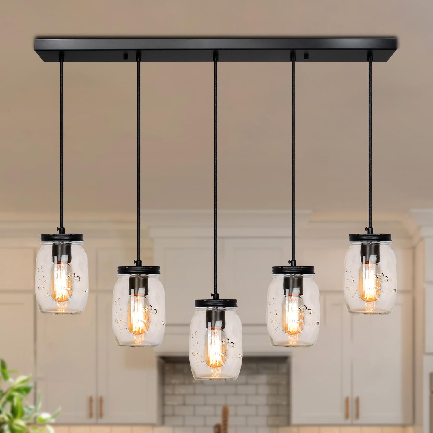 5-Lights Mason Jar Pendant Lighting - Farmhouse Glass Jar Ceiling Light Fixture for Kitchen Island, Dining Room, Farmhouse Decor - Perfect for Barn, Hallway & Stairway Lighting
