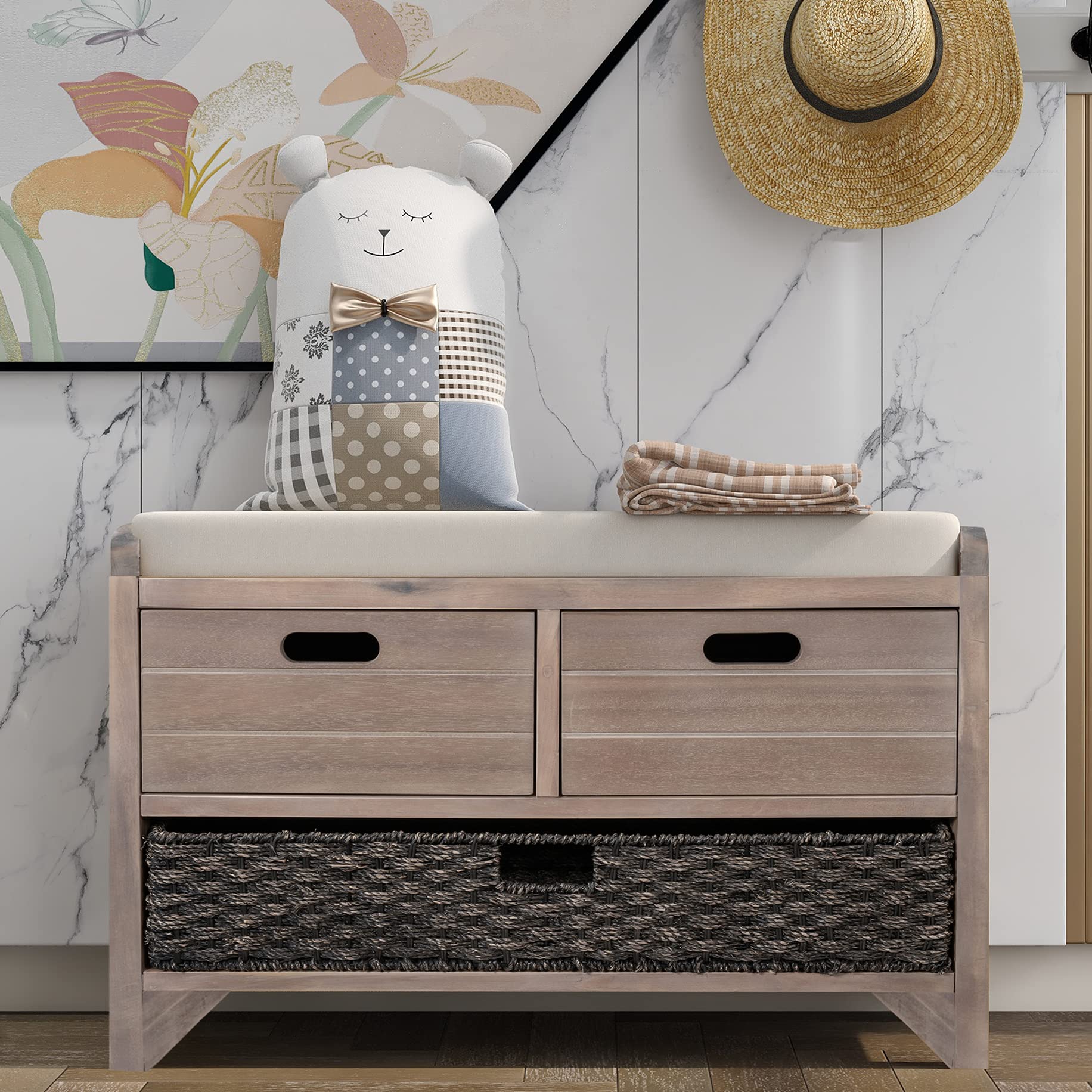 White Washed Storage Bench with Cushion & Drawers - Entryway, Bedroom, Living Room Organizer