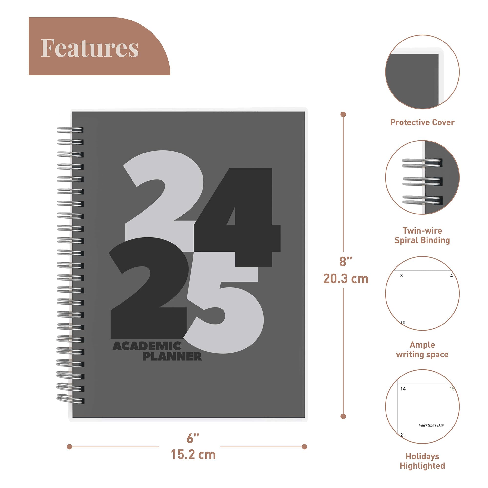 Riley's 2024-2025 Academic Planner - 18-Month Weekly & Monthly Organizer with Sturdy Cover, Notes Pages & Twin-Wire Binding (8x6 Inch, Black) - Perfect for Students, Professionals & Goal Tracking