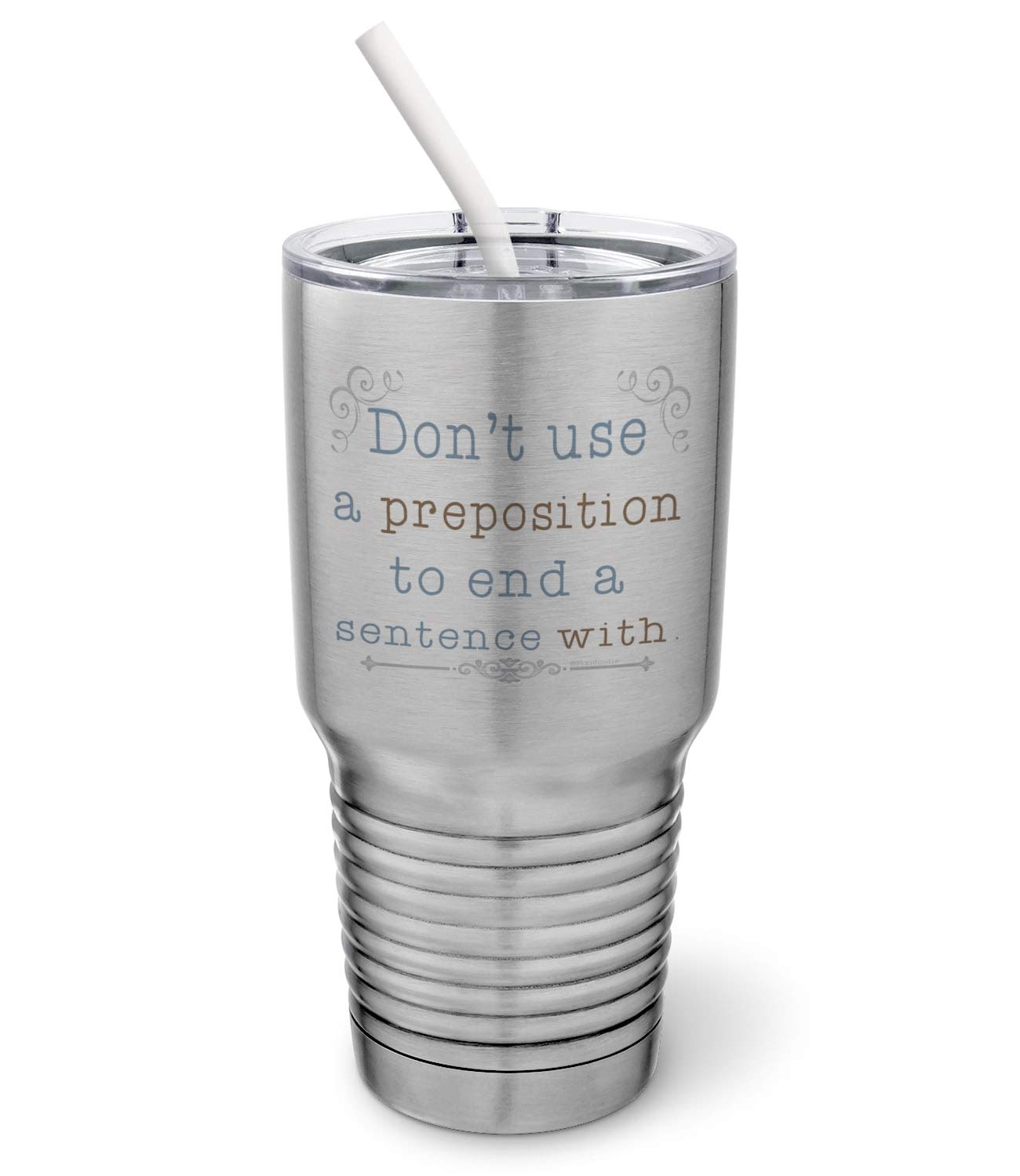 PixiDoodle 30oz Insulated Silver Tumbler with Spill-Proof Lid & Silicone Straw - Funny Bookworm English Teacher Gift - Perfect for Classroom, Office & Coffee Lovers