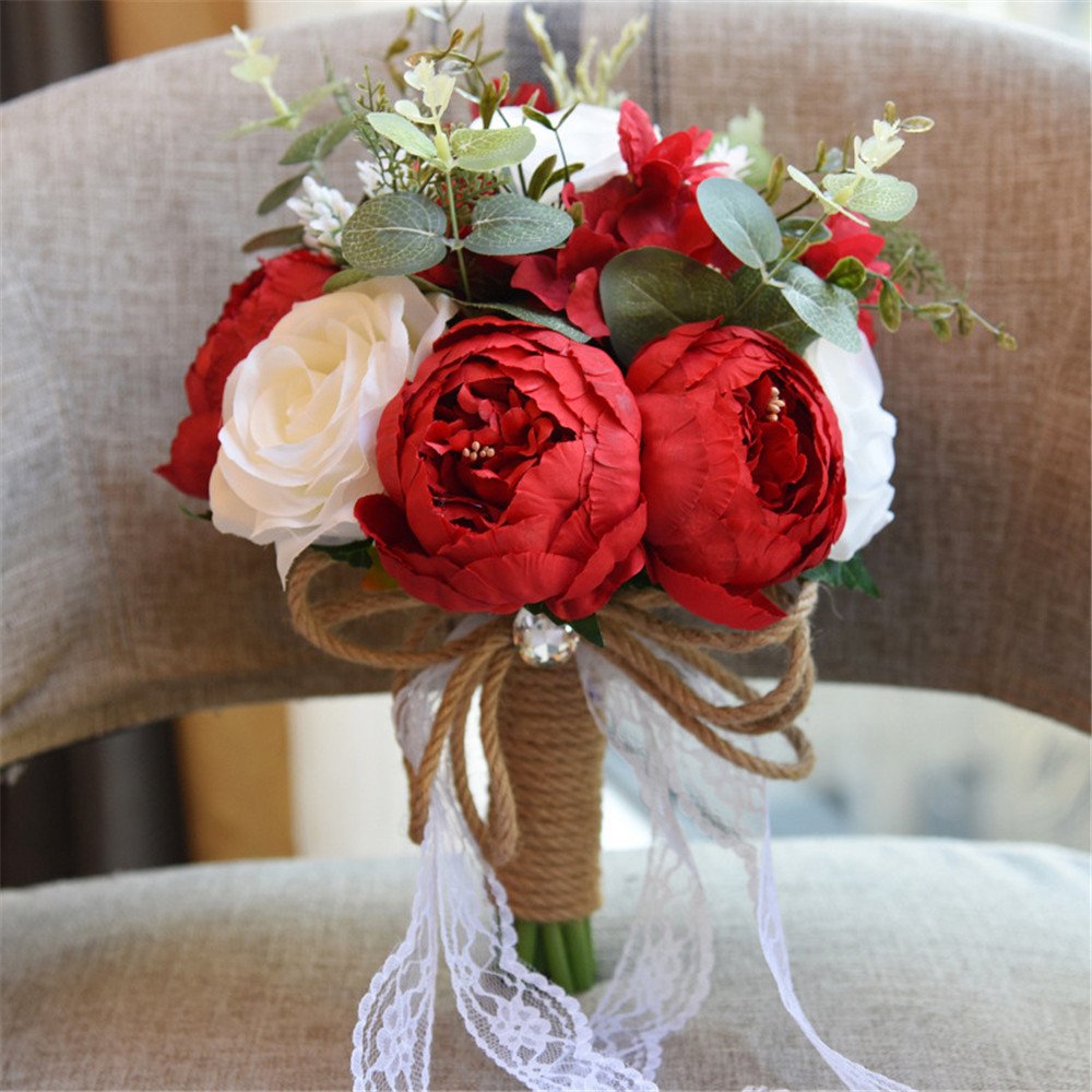 FYSTORE Artificial Wedding Bouquets for Bride - Real Touch Roses, Peony & Lily Bridal Bouquet with Lace Handle (Red) - Perfect for Wedding Ceremonies, Bridal Showers & Photo Shoots