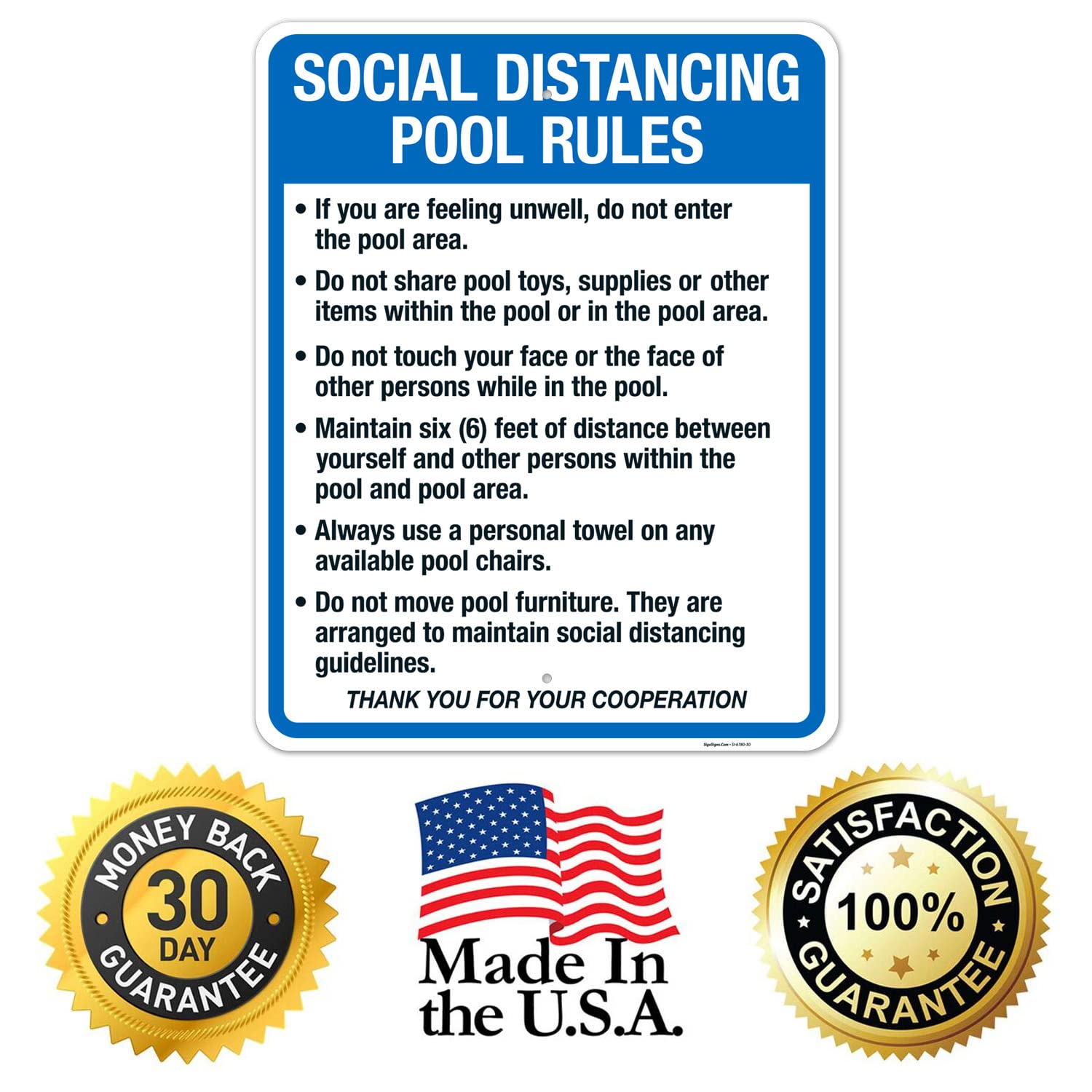 Social Distancing Pool Rules Sign - 24x30 Inch Rustproof Aluminum Sign for Swimming Pools | Fade-Resistant Indoor/Outdoor Use | Made in USA by Sigo Signs | Perfect for Community Pools, Backyard Pools & Public Swimming Areas
