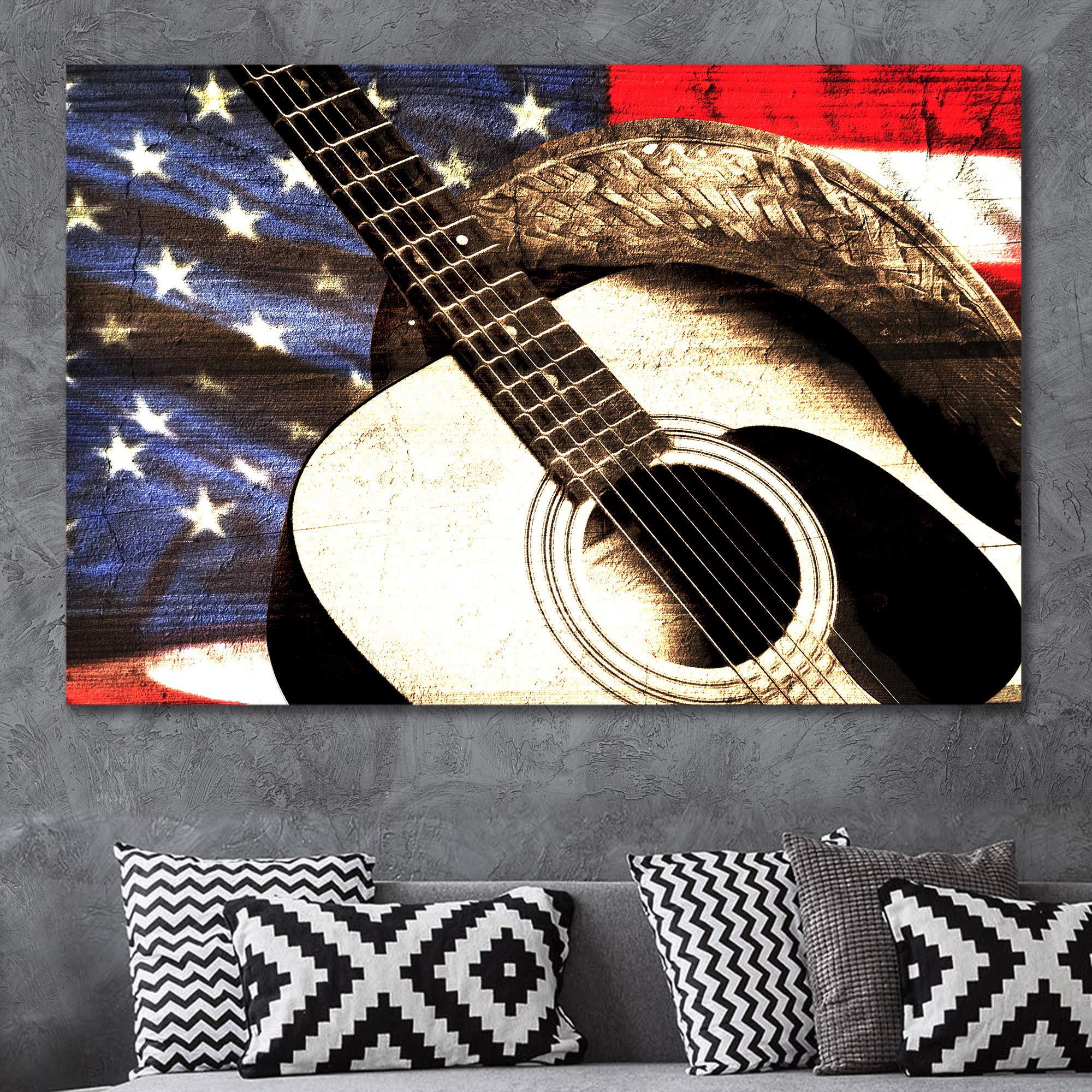 Wall26 - Patriotic Cowboy Hat & Guitar on Woodgrain Flag Canvas Art - Rustic Americana Western Decor - 32x48 Inches - Perfect for Country Music Lovers & Western-Themed Home Decor