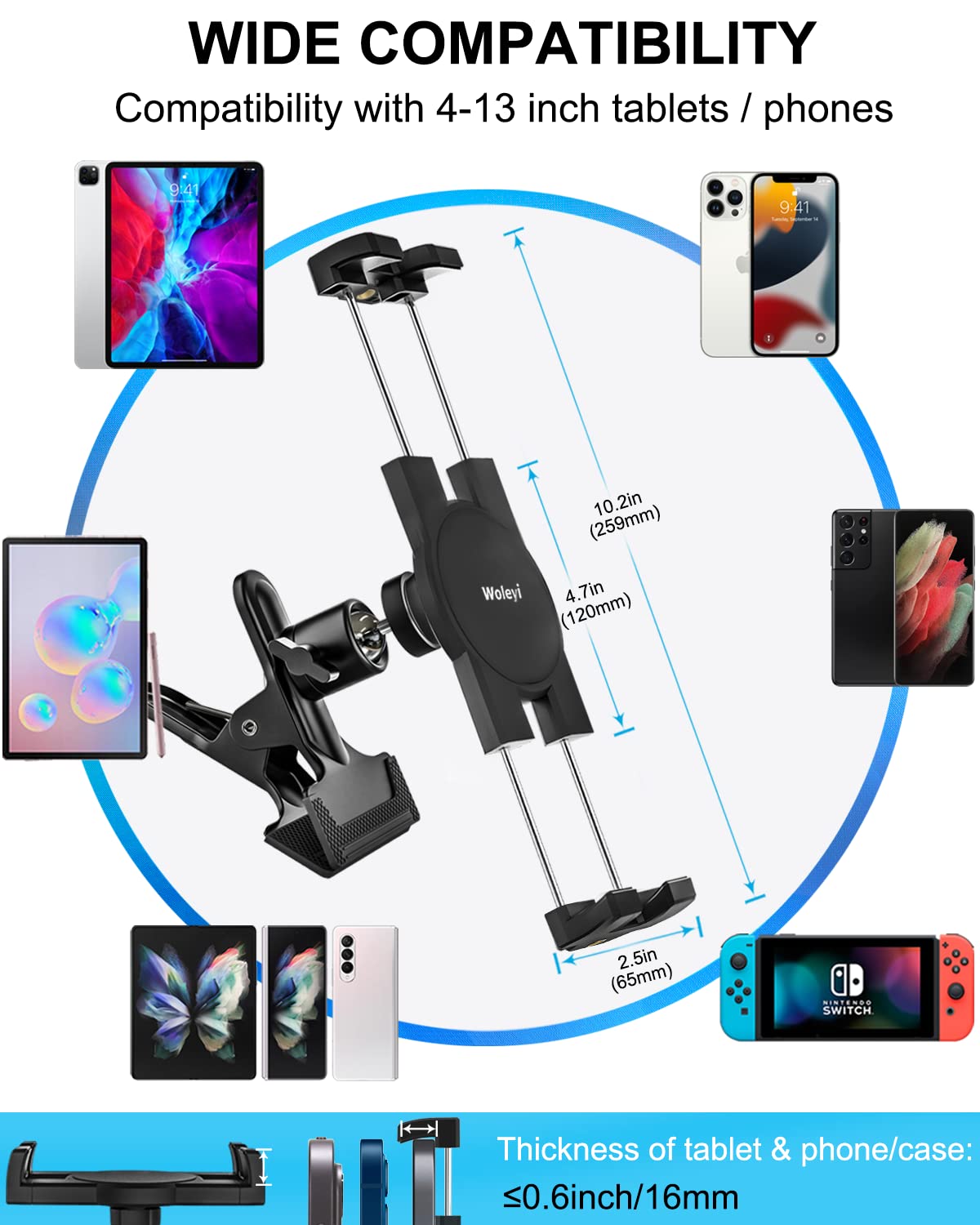 WoleYi Universal Car Sun Visor Tablet Holder - 360° Rotatable Steering Wheel Mount with 1/4